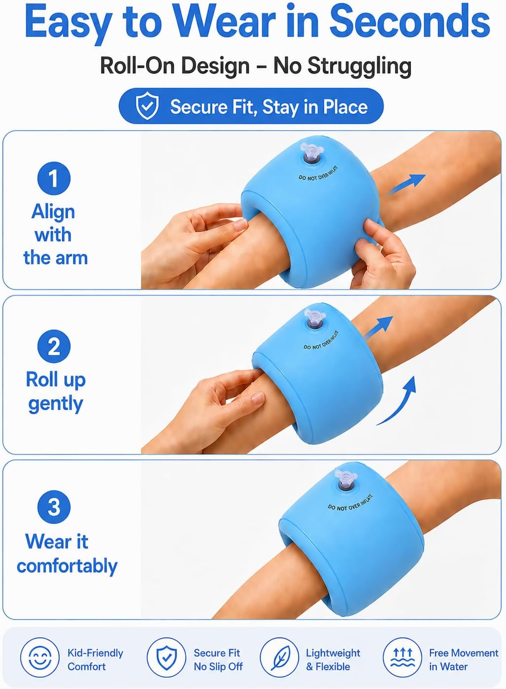Arm Floaties for Kids & Adults, Inflatable Roll-On Swim Arm Bands, Pool Floaties for Kids 3-5, 6-12 yrs & Up to 150lb Adult, Learn to Swim Water Wings for Boys Girls
