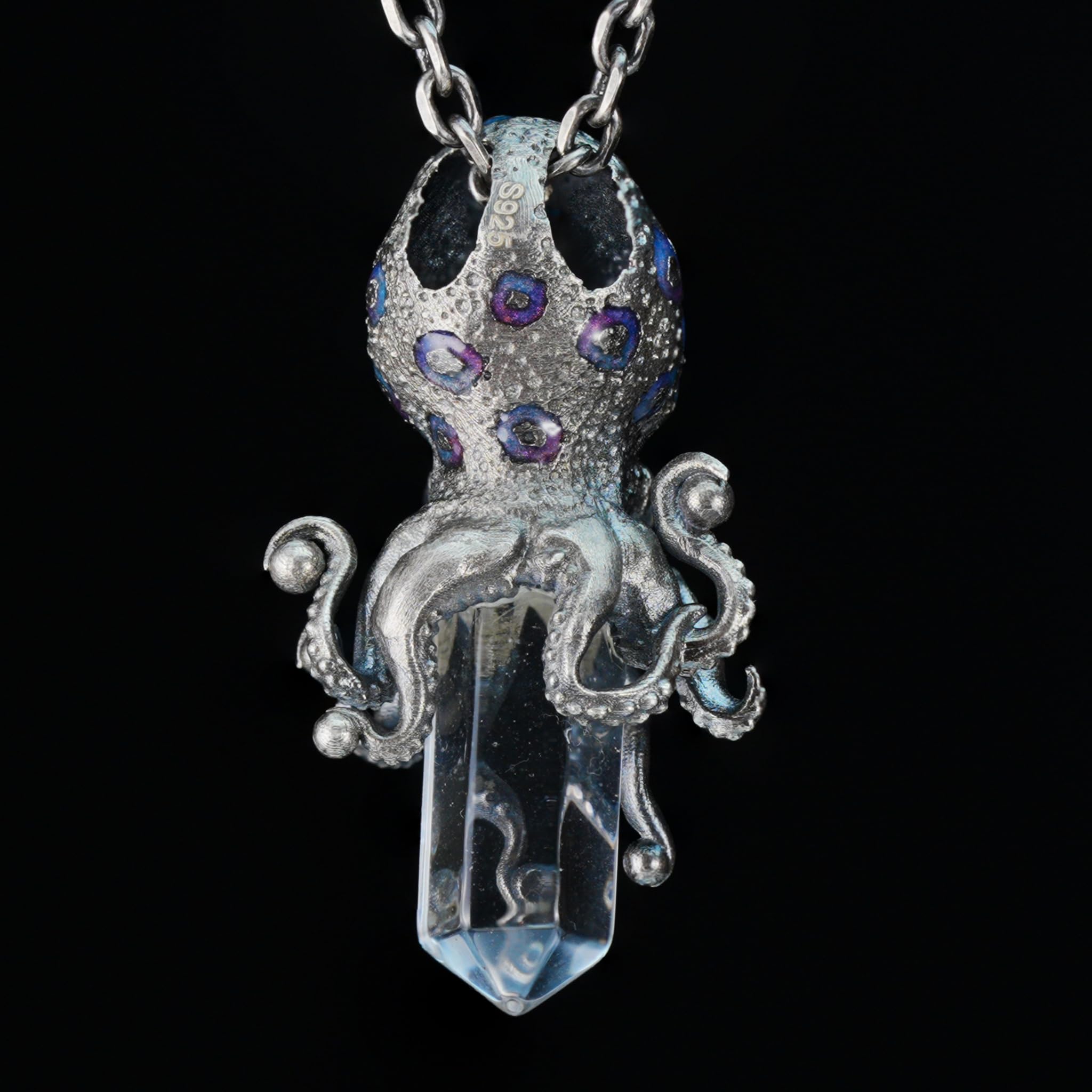 Generisch 925 Sterling Silber Oktopus Anhänger mit Labradorit und Bergkristall 3,7 x 2 cm 9 g Unisex Gothic Fantasy Schmuck