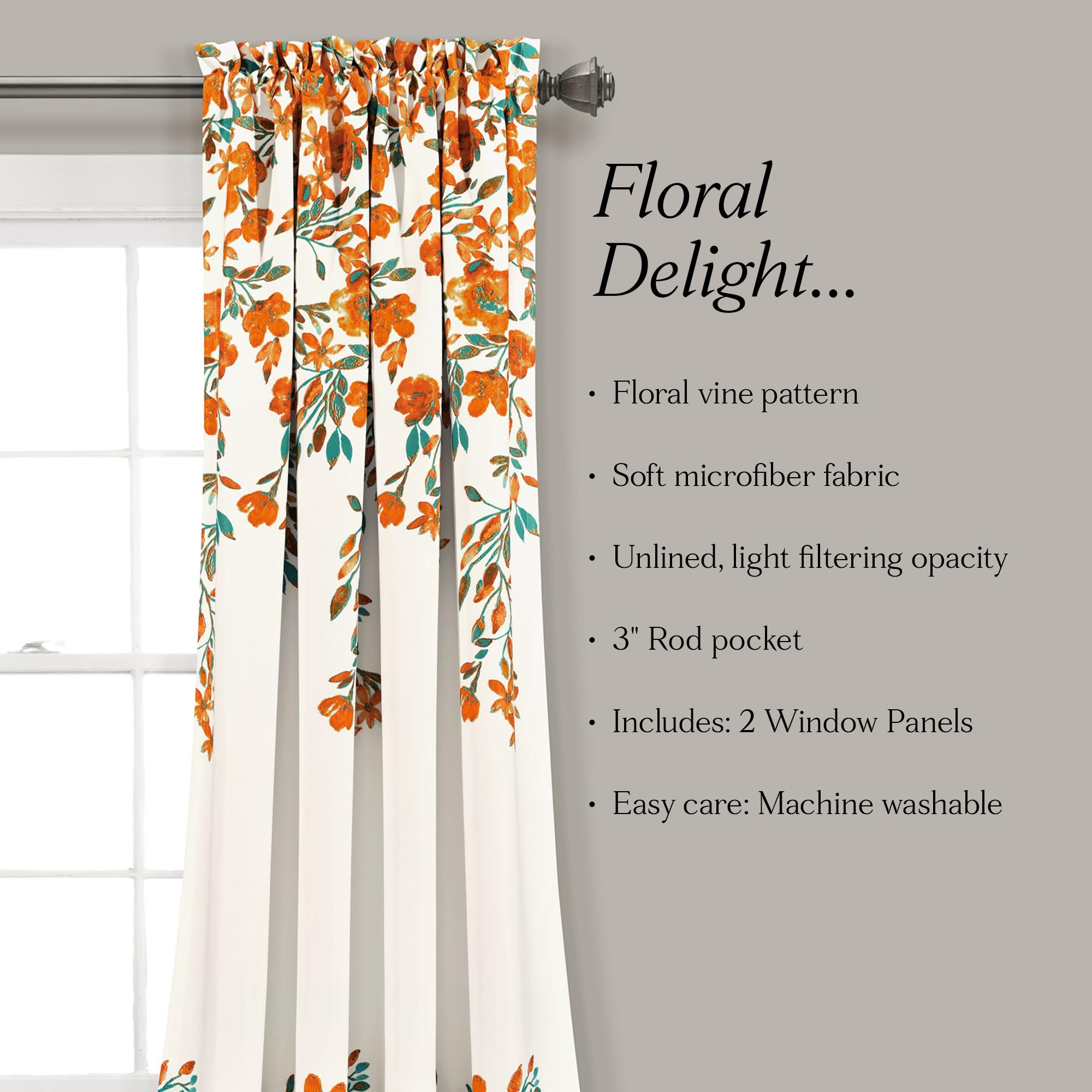 Lush Decor Tanisha Cortinas | Juego de Paneles de Ventana con diseño Floral para oscurecer la habitación, Mandarina y Turquesa, 84" x 52"