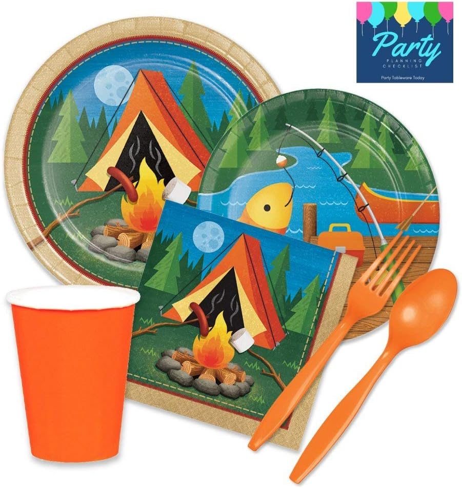 Camping Themed Party Supplies Pack for 16 Guests - Includes Plates, Napkins, Cups, and Plastic Cutlery
