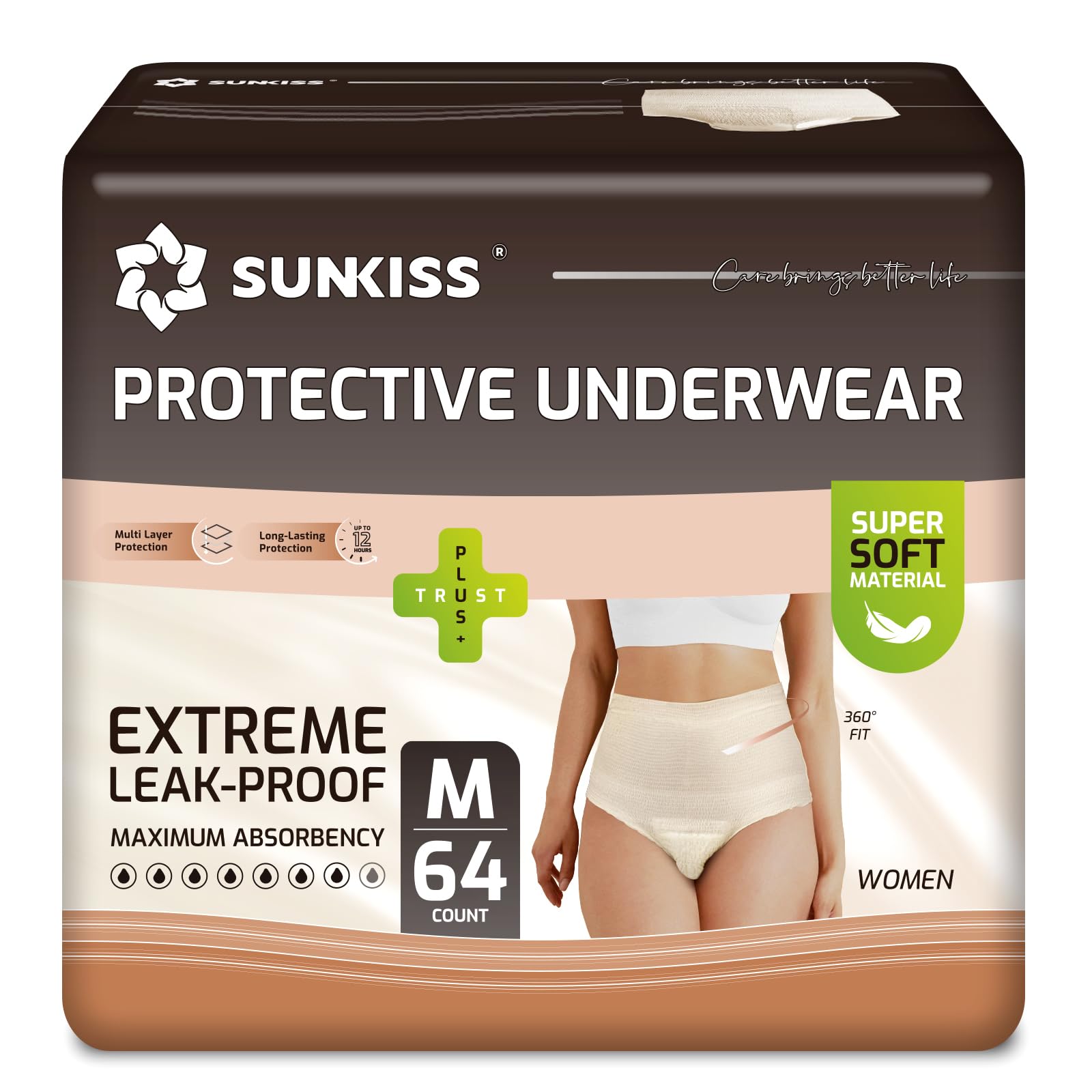 SUNKISS Women Incontinence Underwear, Daytime Disposable Postpartum Adult Panties, Protective Pull Ups with Maximum Absorbency, Medium, Beige, 64 Count