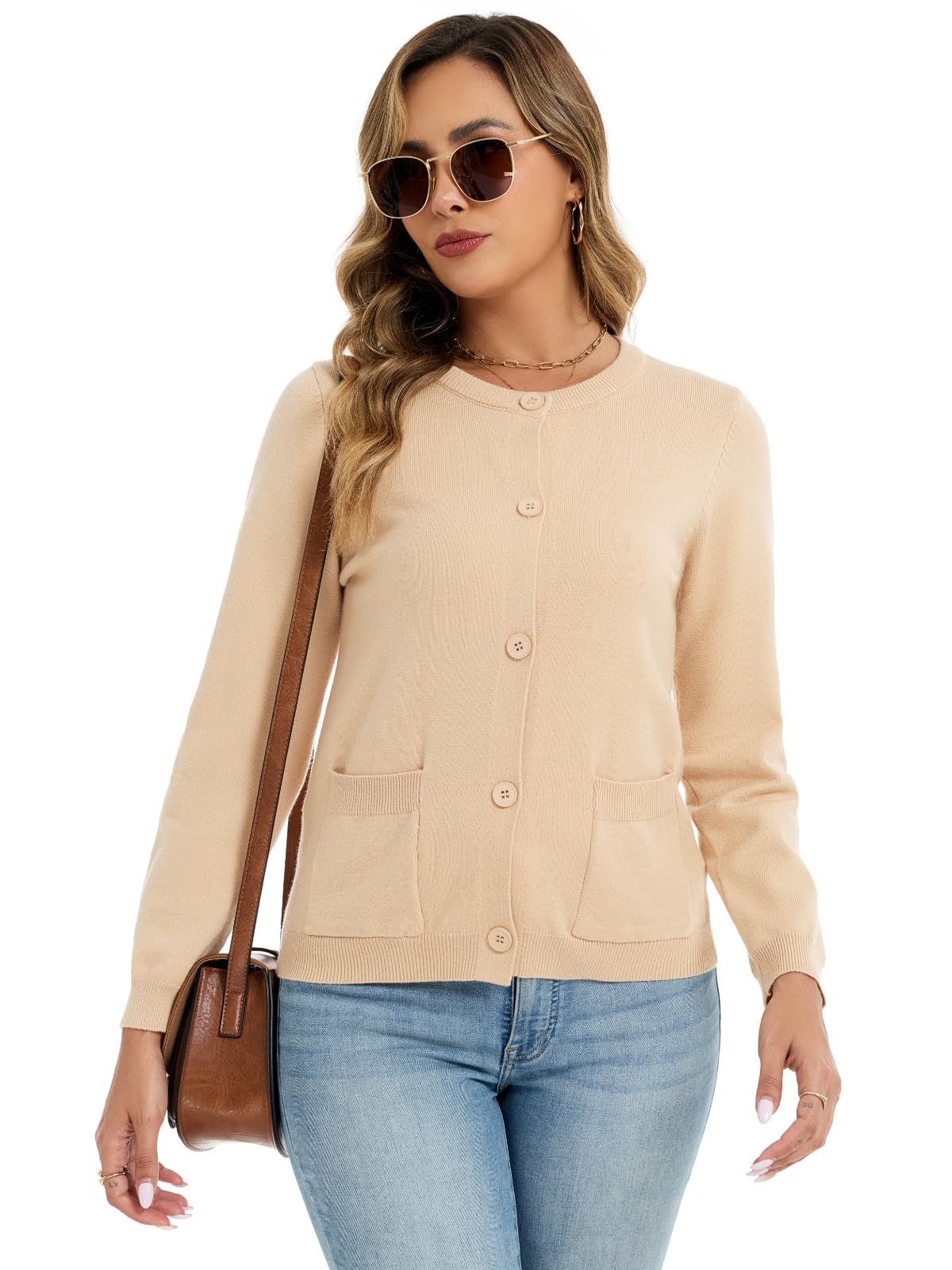 Cárdigan de punto para mujer de manga larga, cuello redondo, corto, de punto fino, con botones, bolsillos, informal, suave y fino