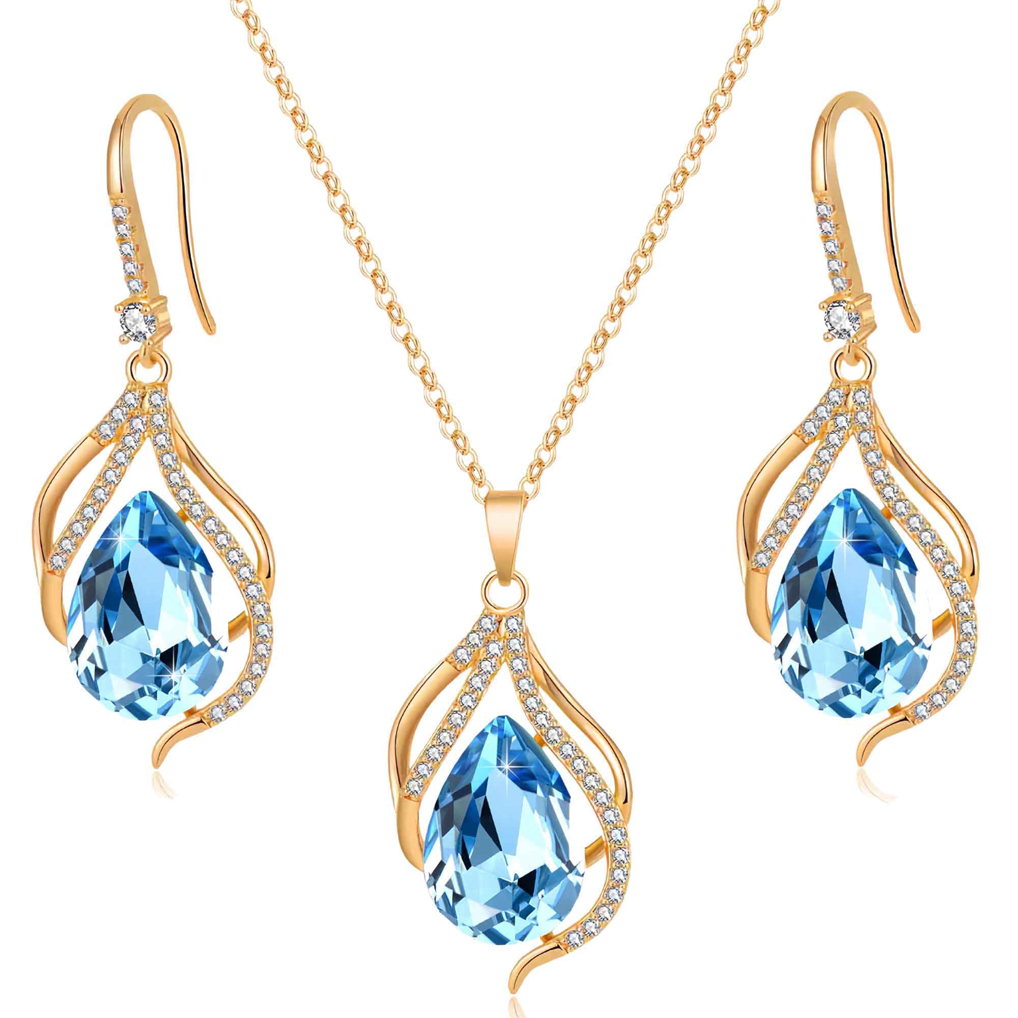 EVEVIC Austrian Crystals Teardrop Hollow Twisted Pendant Necklace Earrings for Women 14K Gold Plated Halo Drop Dangle Earrings Hypoallergenic Jewelry