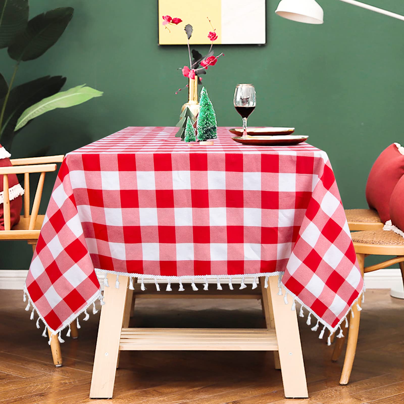 ShinyBeautyRed and White Checkered Tablecloth with Tassels 54 x 54 Inches Tablecloth Checkered Buffalo Plaid Tablecloths for Home Restaurant Party Buffet Picnic Square Table Cover Cotton Linen