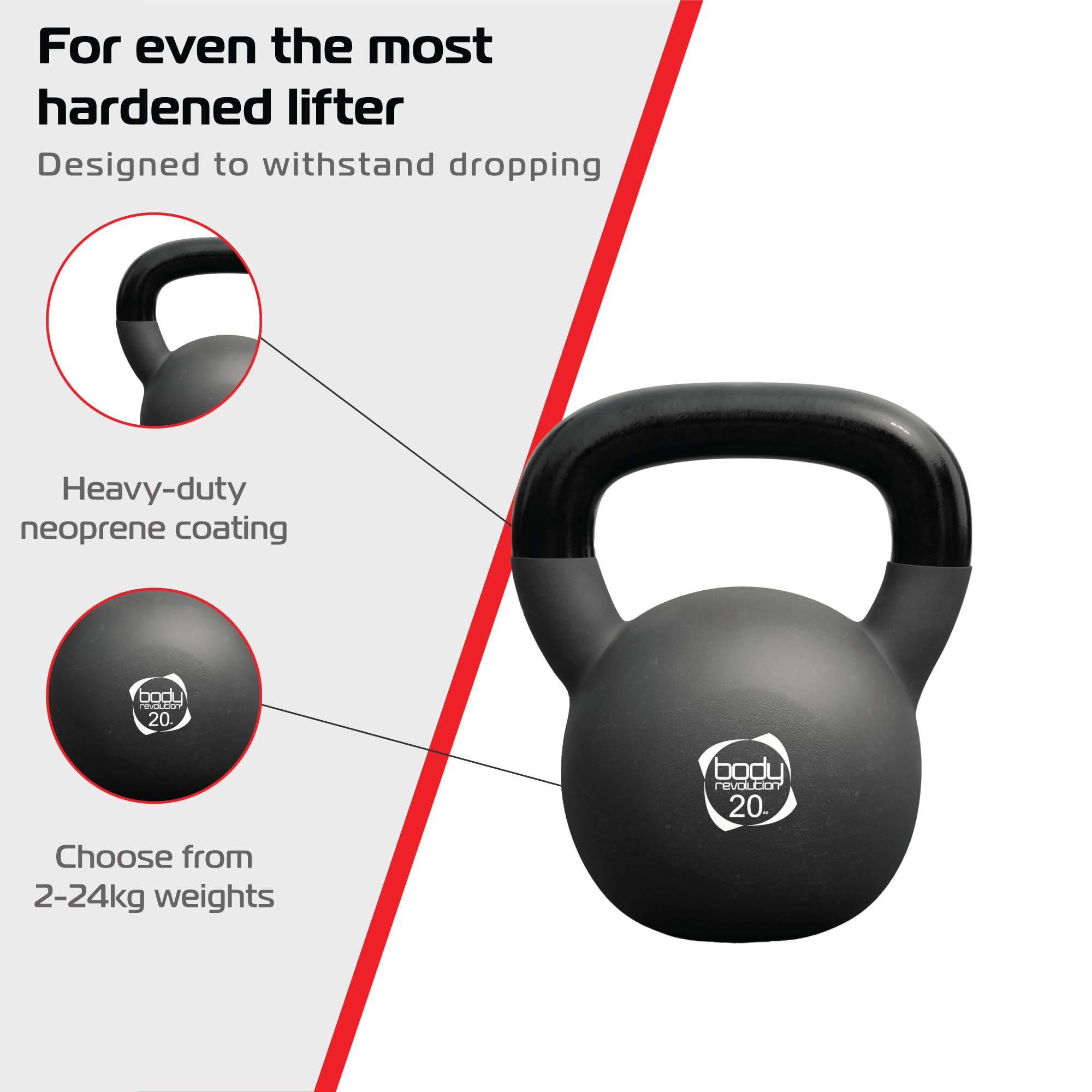 Body Revolution - Zestaw kettlebell z neoprenu - Kettlebell 20kg - Cardio, Aerobik i HIIT, obciążniki kettlebell do ćwiczeń dla kobiet i mężczyzn - Sprzęt gimnastyczny do domowego treningu siłowego i