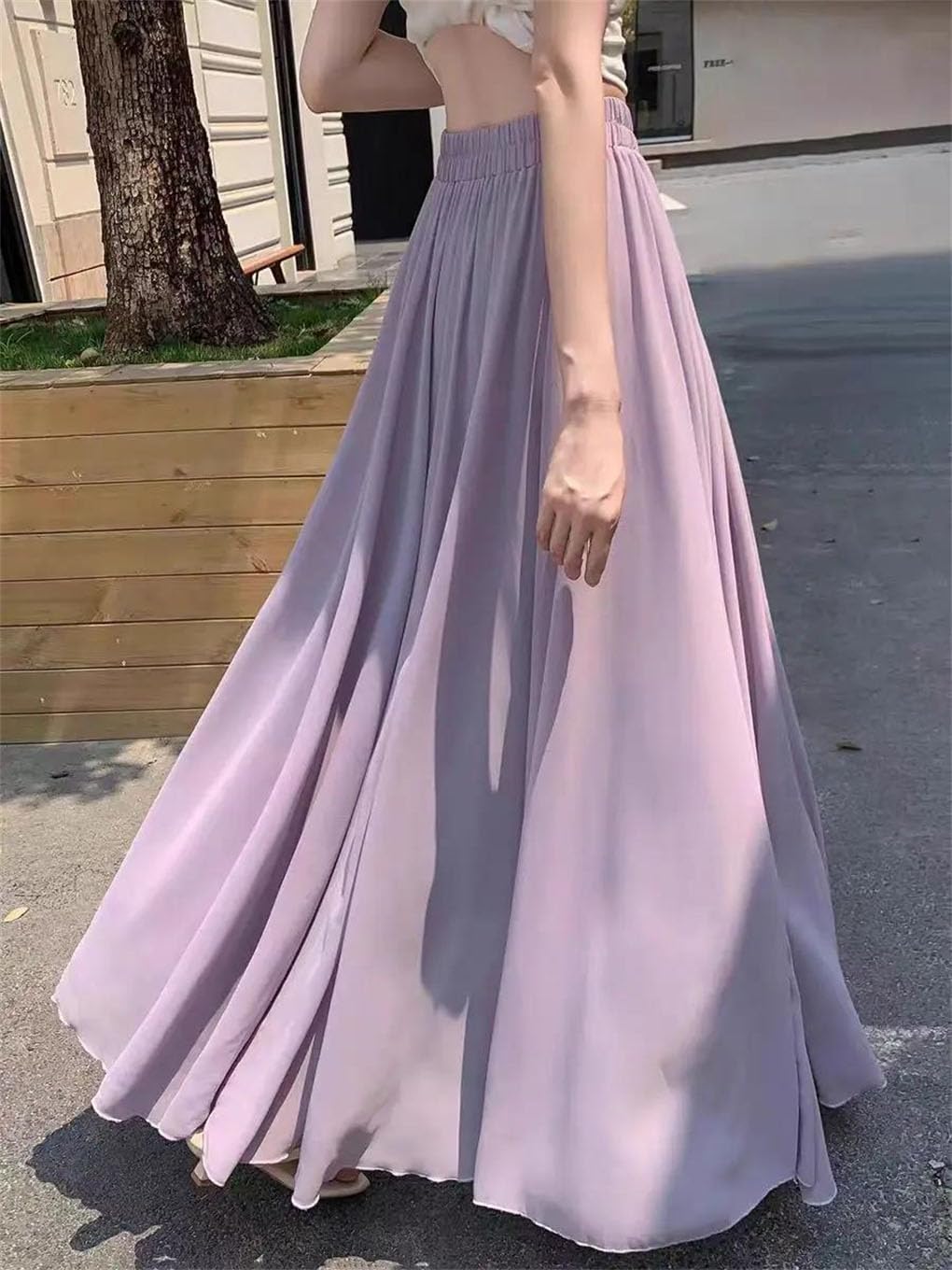 Jupe longue en mousseline de soie pour femme - Taille haute - Ourlet fluide avec drapé et silhouette large