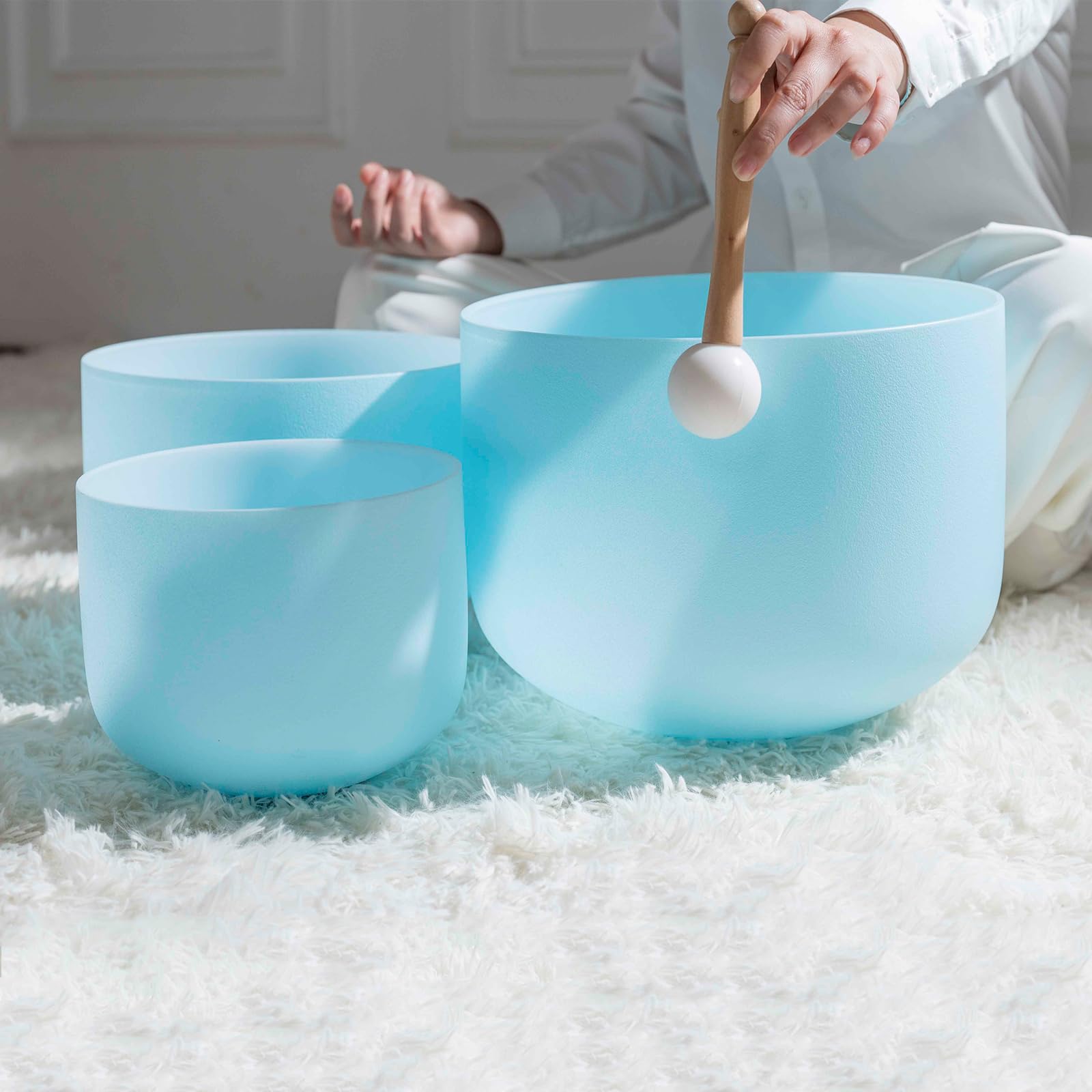Hye-eun Set di 3 campane tibetane in cristallo, 432 Hz, 12 "C 10" F 8 "A, blu, al quarzo, con custodia per il trasporto, per la meditazione, per la guarigione dello yoga