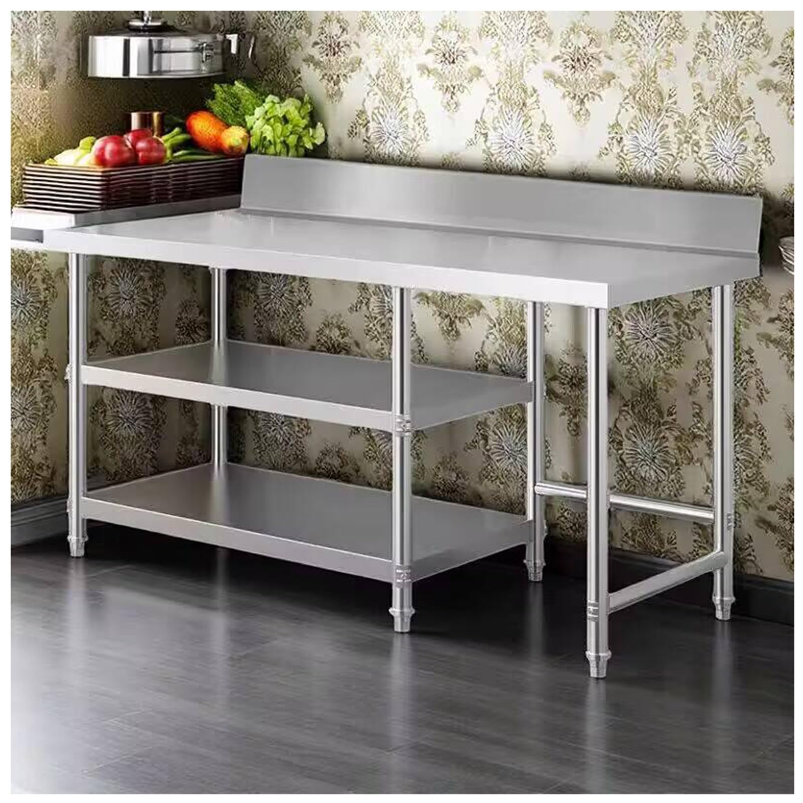 Mesa de preparación de cocina de acero grueso 304 pulgadas con altura de barandilla, estante de trabajo para uso doméstico y comercial (39.4 x 19.7 x 31.5 pulgadas)
