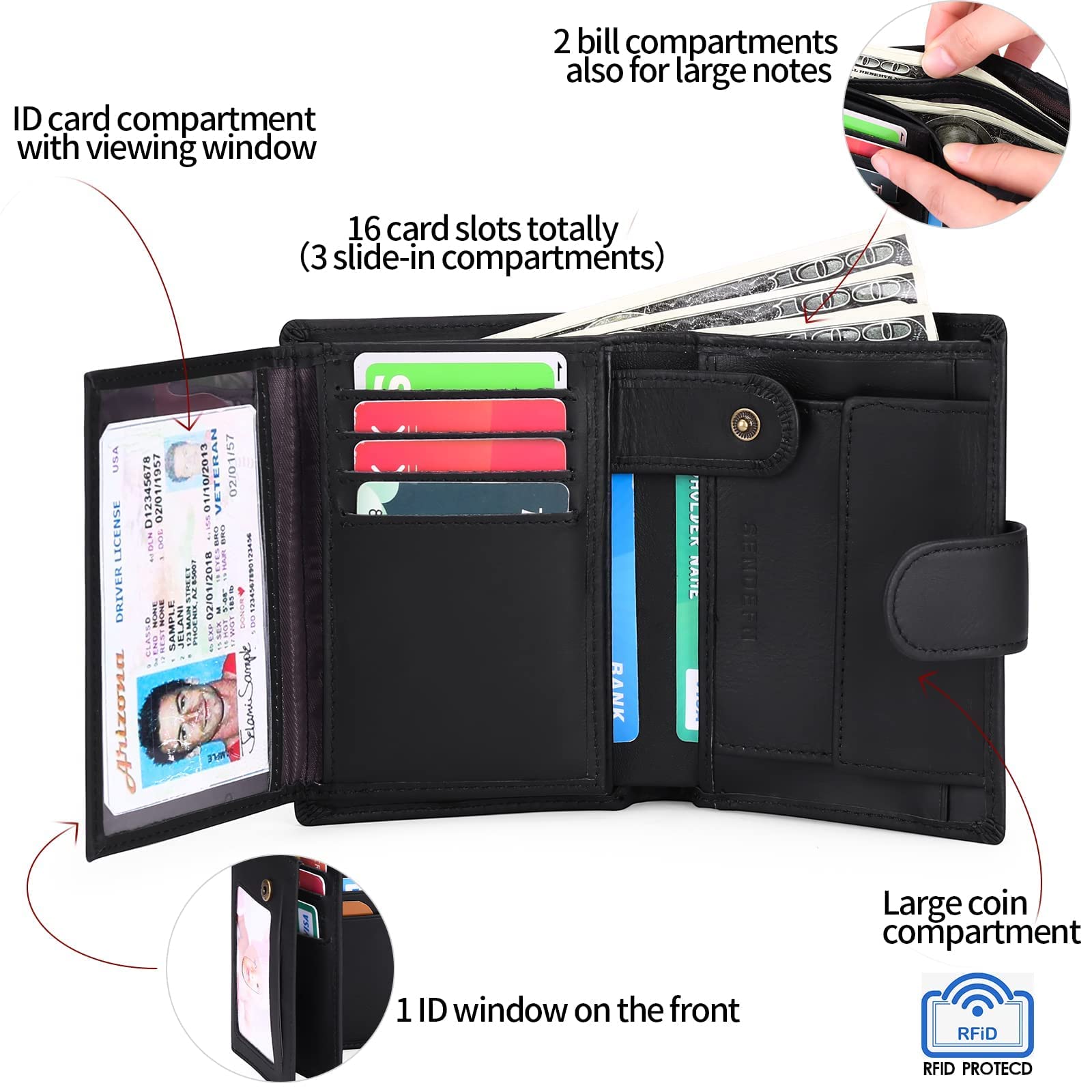 Cartera para Hombre Trifold de Piel auténtica con Bloqueo RFID, 19 Ranuras para Tarjetas, 3 Compartimentos para Billetes