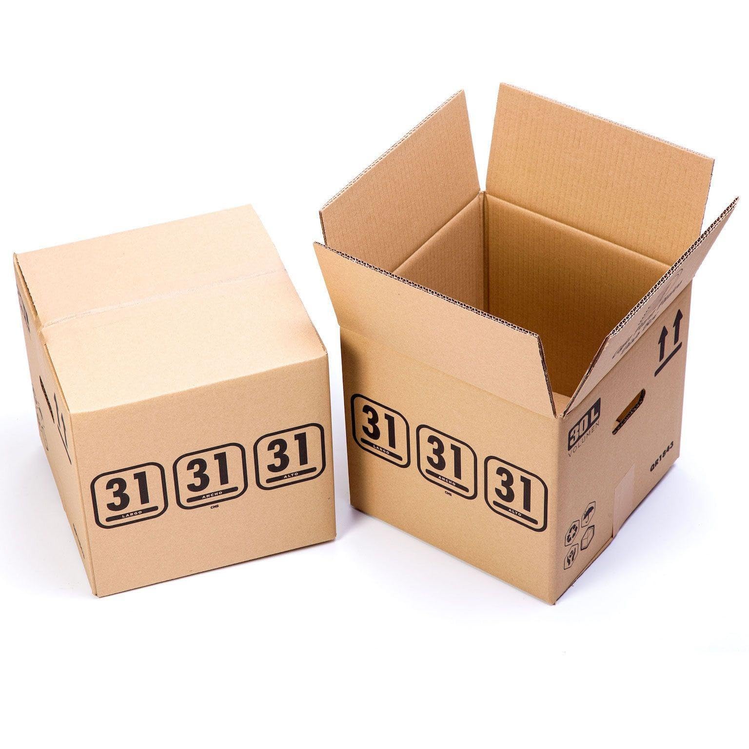 Telecajas | 10 cajas 31 x 31 x 31 cm | Cajas de cartón robustas con asas para mudanza o envío | Ideal para platos, sombreros y revistas | Pack de 10