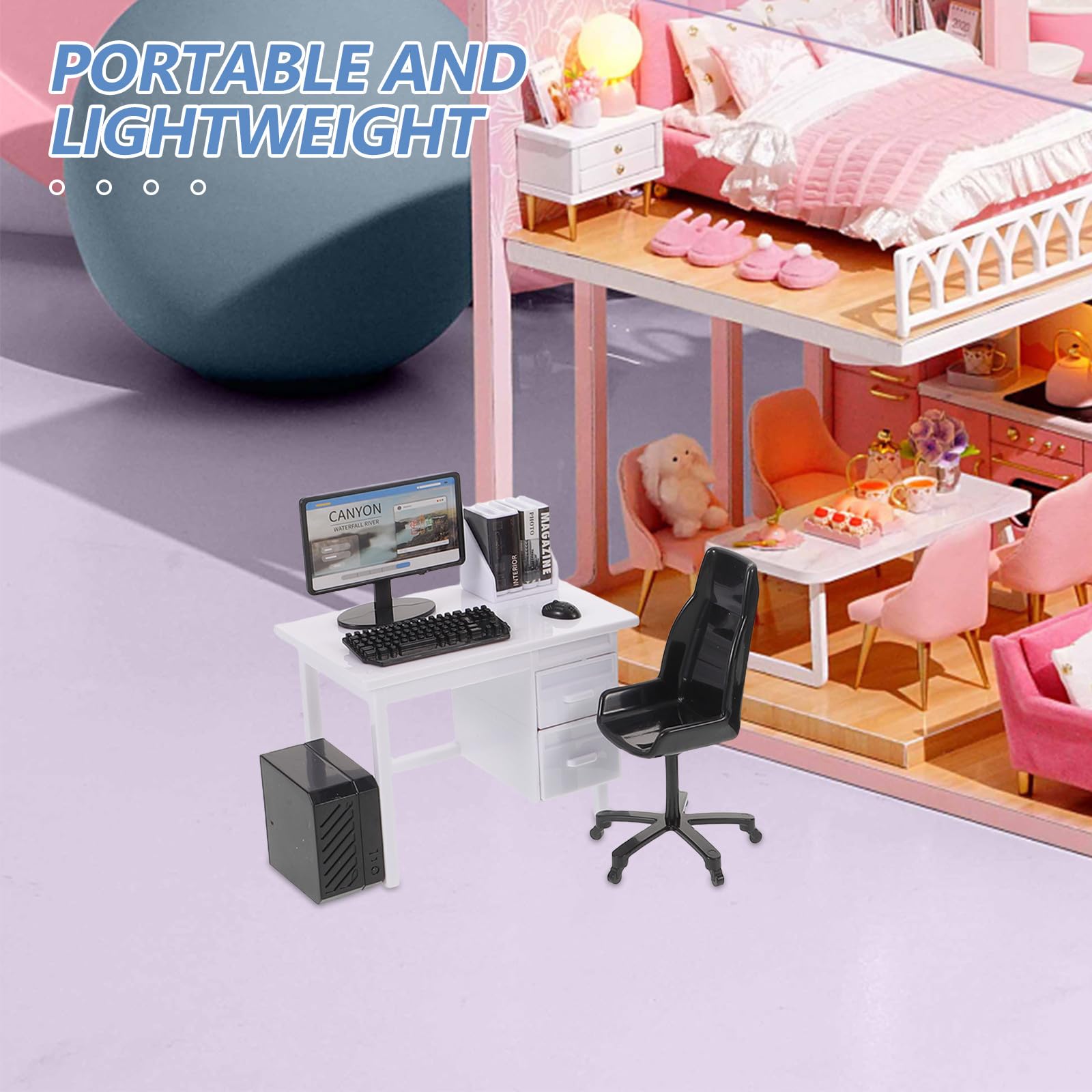 Balacoo Set di 2 set di scrivania per computer in miniatura, scala 1:12 | Accessori per mobili per casa delle bambole con computer, tavolo, sedia, tastiera, mouse, monitor libri, CPU