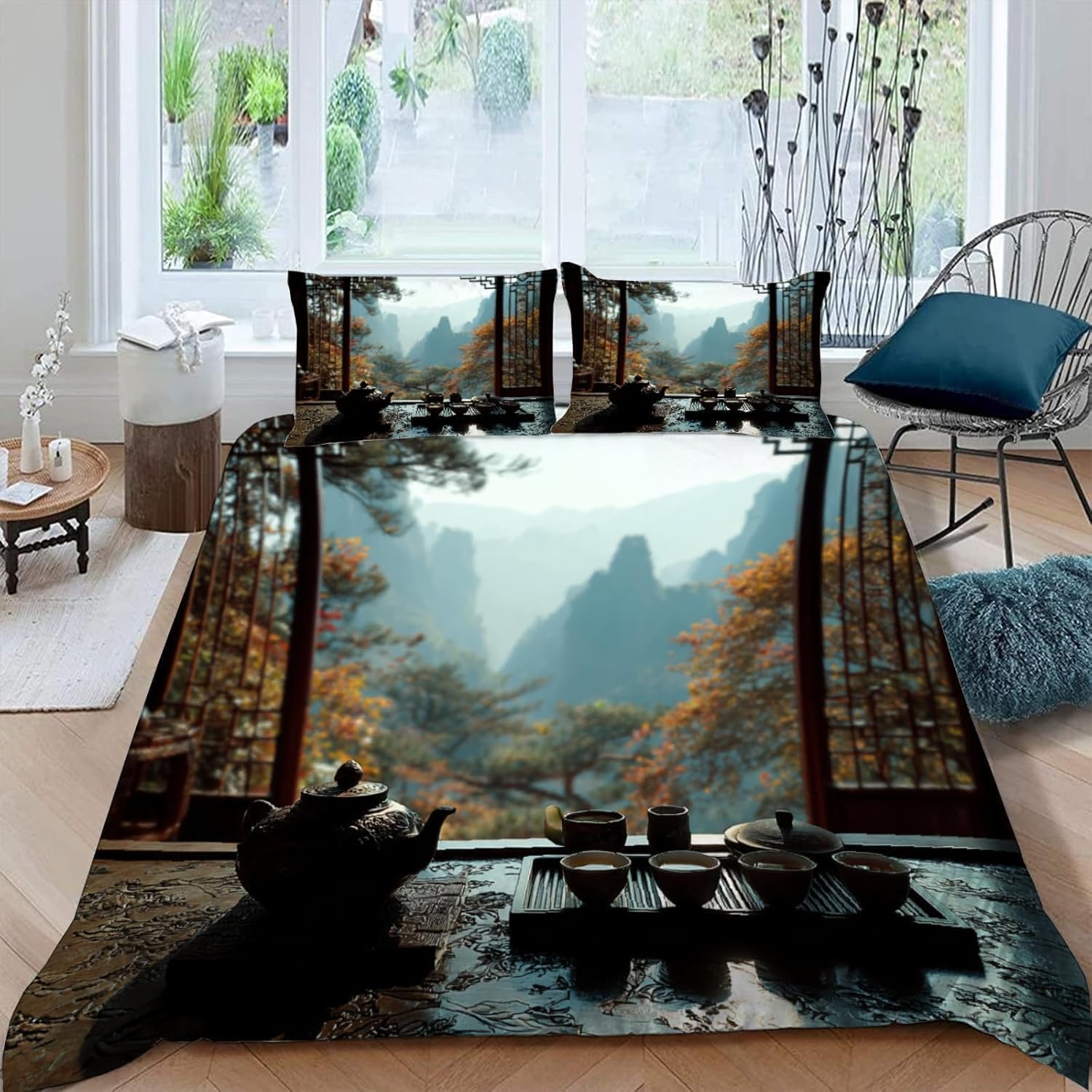 Chiński styl sceneria zestaw poszewek na kołdrę w rozmiarze king size dwustronna poszewka na kołdrę 220 x 230 cm zestaw pościeli z herbatą ultramiękkie poszewki na kołdrę 3D wygodne łatwe w