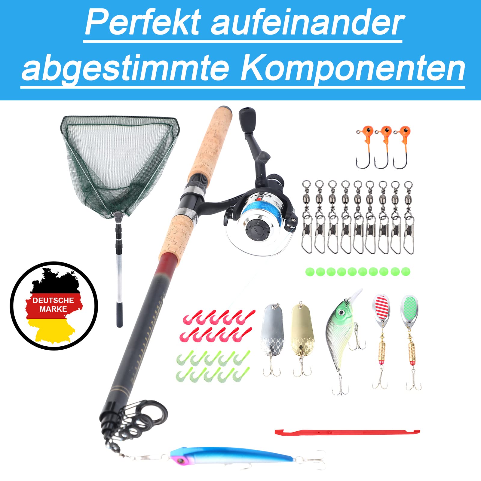 Angelset Hecht/Zander mit Kescher [Angelfertig montiert & Angelrolle bespult], Angel Set komplett Profi & Einsteiger, Starter-Set für Raubfisch Angeln, Teleskoprute 2,70 m