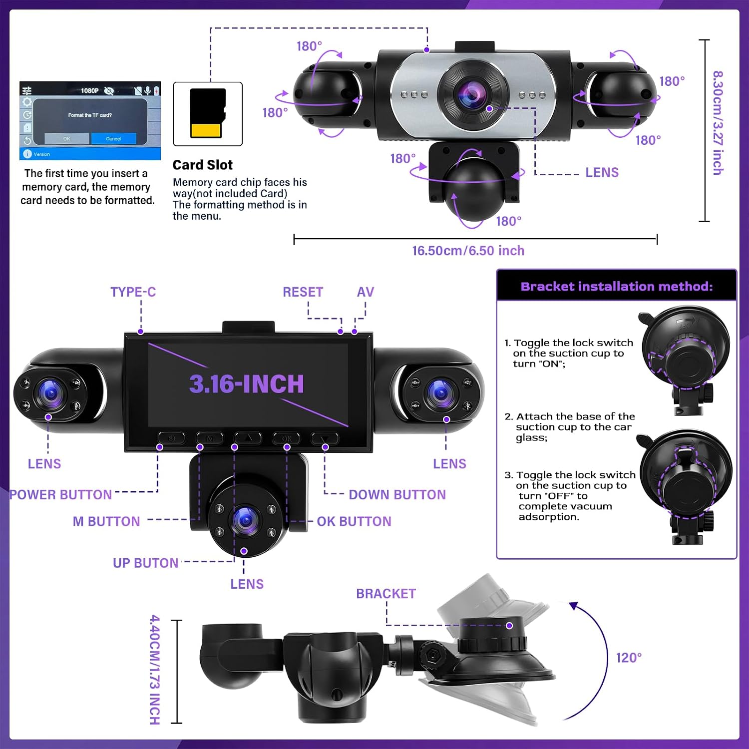 5 Channel Dash Cam 360°Wide Angle Dash Camera for Cars 1080P with Loop Recording Night Vision Reversing Help 3.16-inch Dash Cam Front and Rear