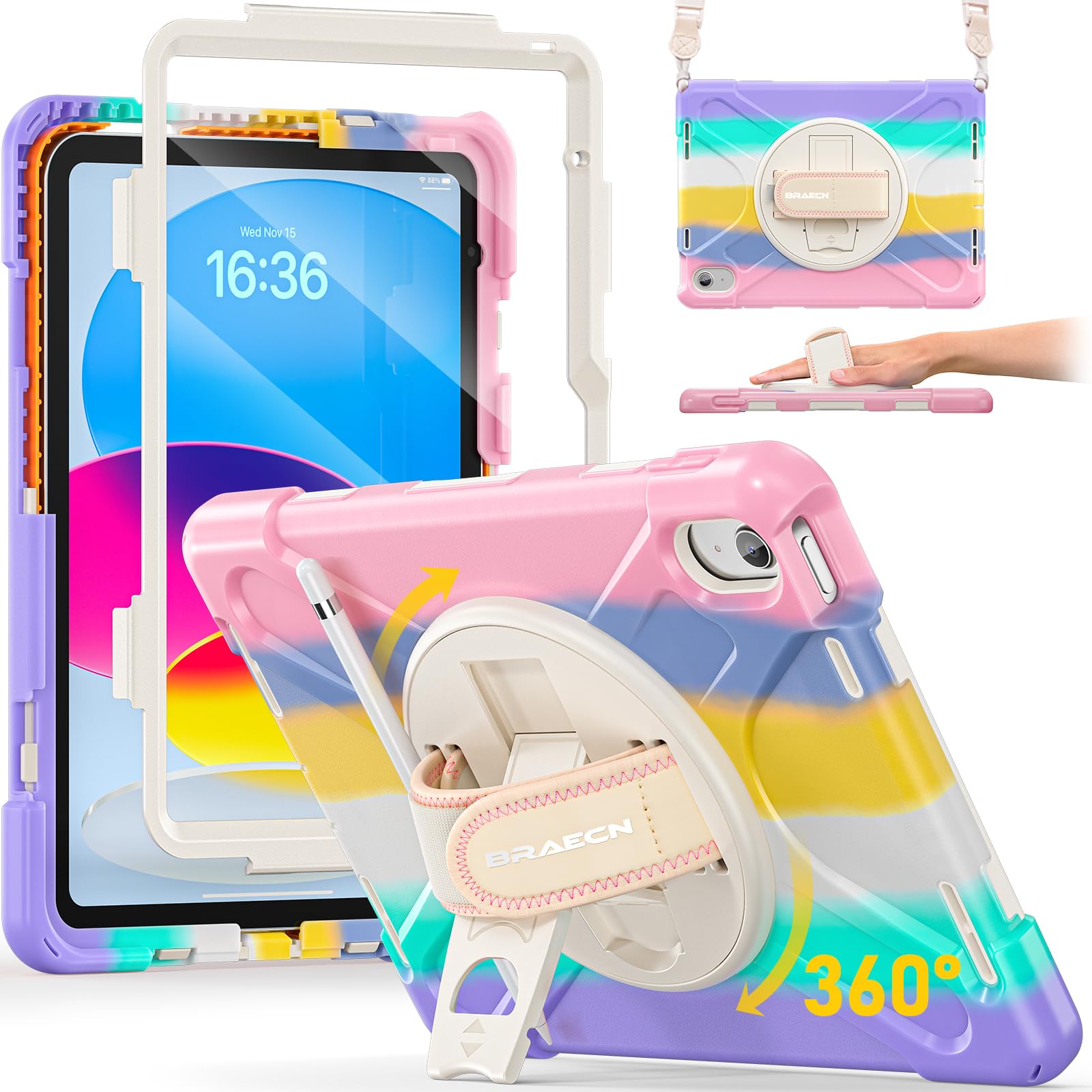 BRAECN für iPad (A16) 11/10 Generation Hülle, 2025/2022 11/10,9 Zoll, Robuste Stoßfeste Schutzhülle mit Displayschutz, 360° Drehbarer Handgurt und Ständer, Stifthalter, Schultergurt, Regenbogen