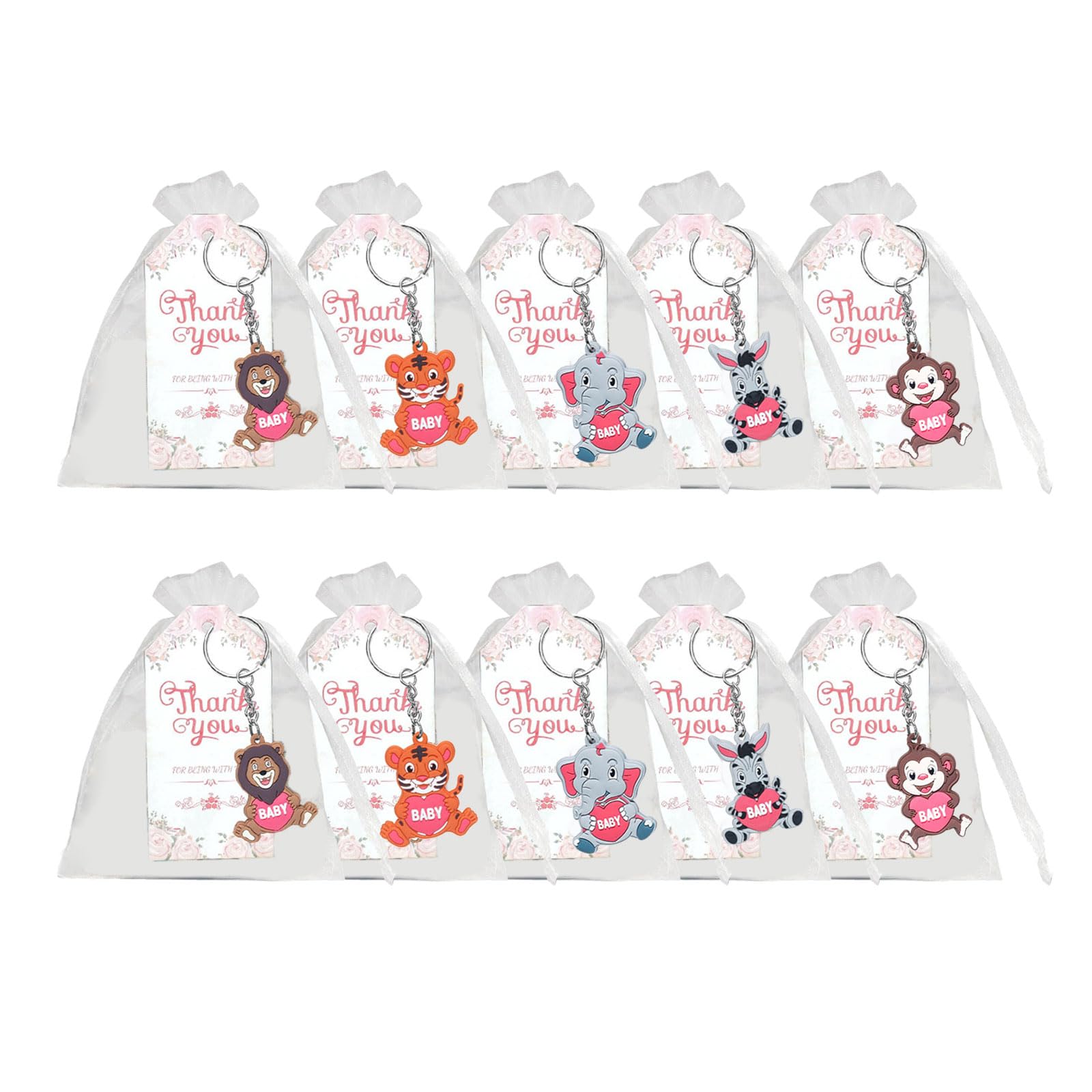 OSNIYAW Zoos Animal Keychains Jungle Baby Showers Parties Favor with Thank Tages Organza Gift Bags for Guests Jungle Keyring with Thank Tages Organza Bag