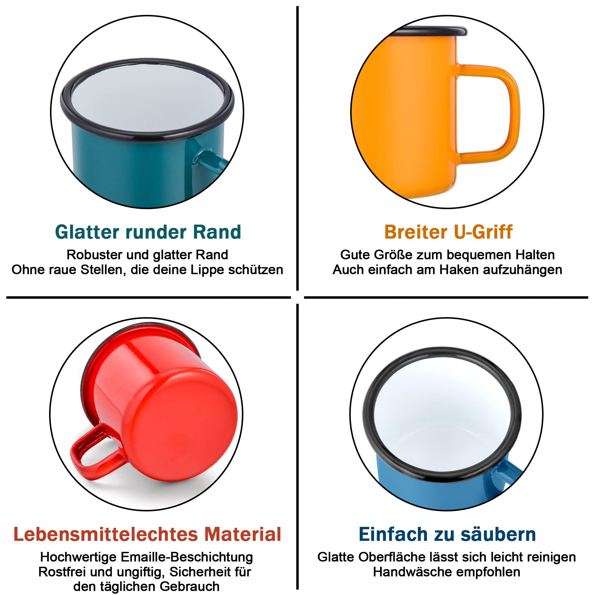 Herogo Set di 6 tazze da caffè smaltate, 350 ml, con manico