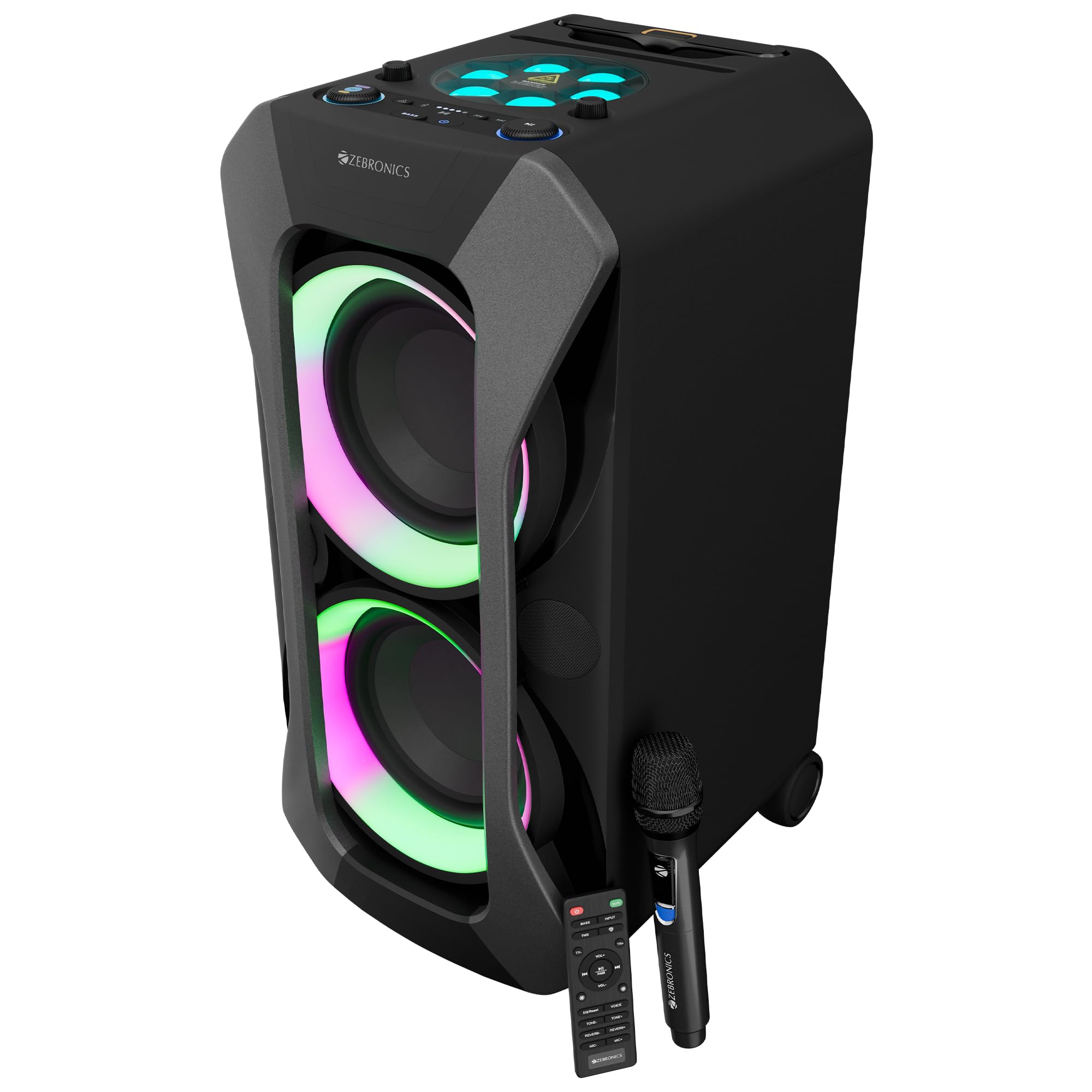 Zebronics Trolley DJ Speaker, 180W, AURACAST Technology, Upto 6.5h Playtime, Dual 20.32cm Full Range Drivers, BT v5.4, Rechargeable Wireless Mic, Mic & Guitar in, AUX, App Support (Roxor Plus)-image-45