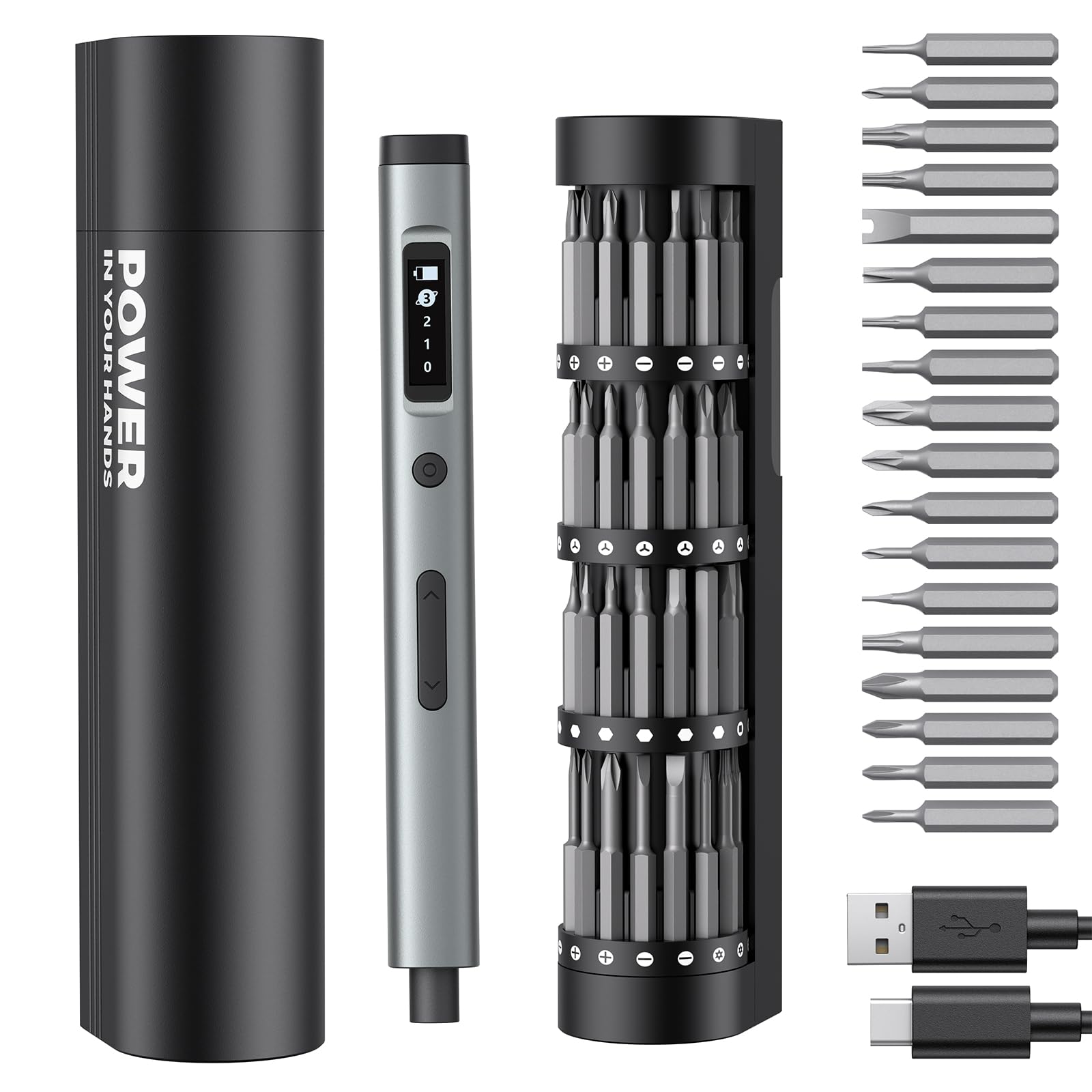 Juego de mini destornilladores eléctricos 90 en 1, destornillador eléctrico inalámbrico de precisión con 78 puntas magnéticas S2, par de 3 engranajes (hasta 0,55 N.m), 500 mAh, luz LED, kit de