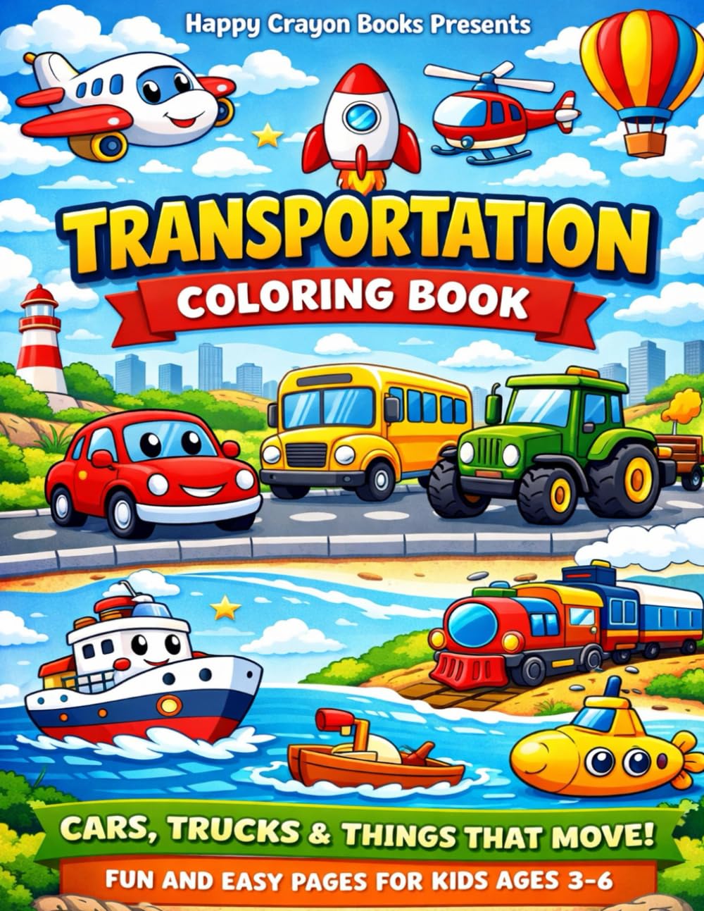 Transportation Coloring Book for Kids: Fun & Easy Coloring Pages of Cars, Trucks, Trains, Boats & Planes for Kids Ages 3–6
