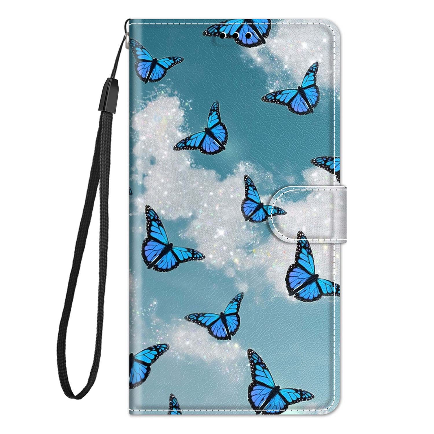 Custodia per iPhone 15, antiurto, in pelle, design a libro, con cavalletto, cinturino da polso, porta carte d'identità, magnetico, in TPU, robusto paraurti protettivo per iPhone 15, farfalla blu