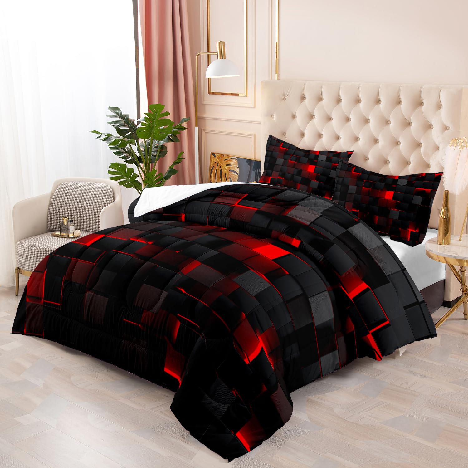 Nttopship Geometric Red Black Comforter Set,Light Honeycomb 3 Piece Bedding Set Twin for Teen Boys,Modern Bedding Quilt Set Geometry Decor,Microfiber