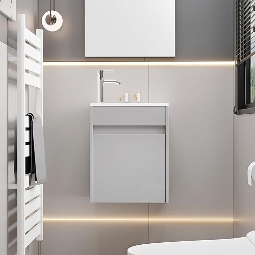 eclife Combo de lavabo de baño pequeño de 16 pulgadas, moderno gabinete flotante pintado de pared con parte superior de fregadero de resina, grifo