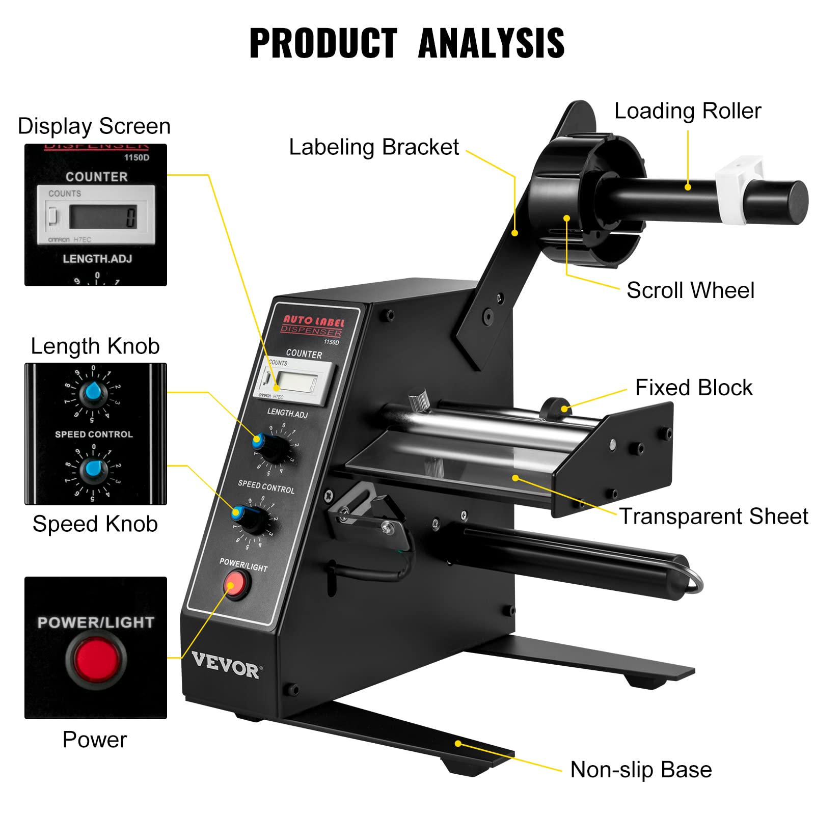 Happybuy Automatischer Etikettenspender AL-1150D Rollenetikettenspender mit 6 stellige LED Anzeige, Etikettiergeschwindigkeit 1-8 m/min, Zählbereich 0-999999, Etikettenlänge/-breite 3-150mm/4-140mm