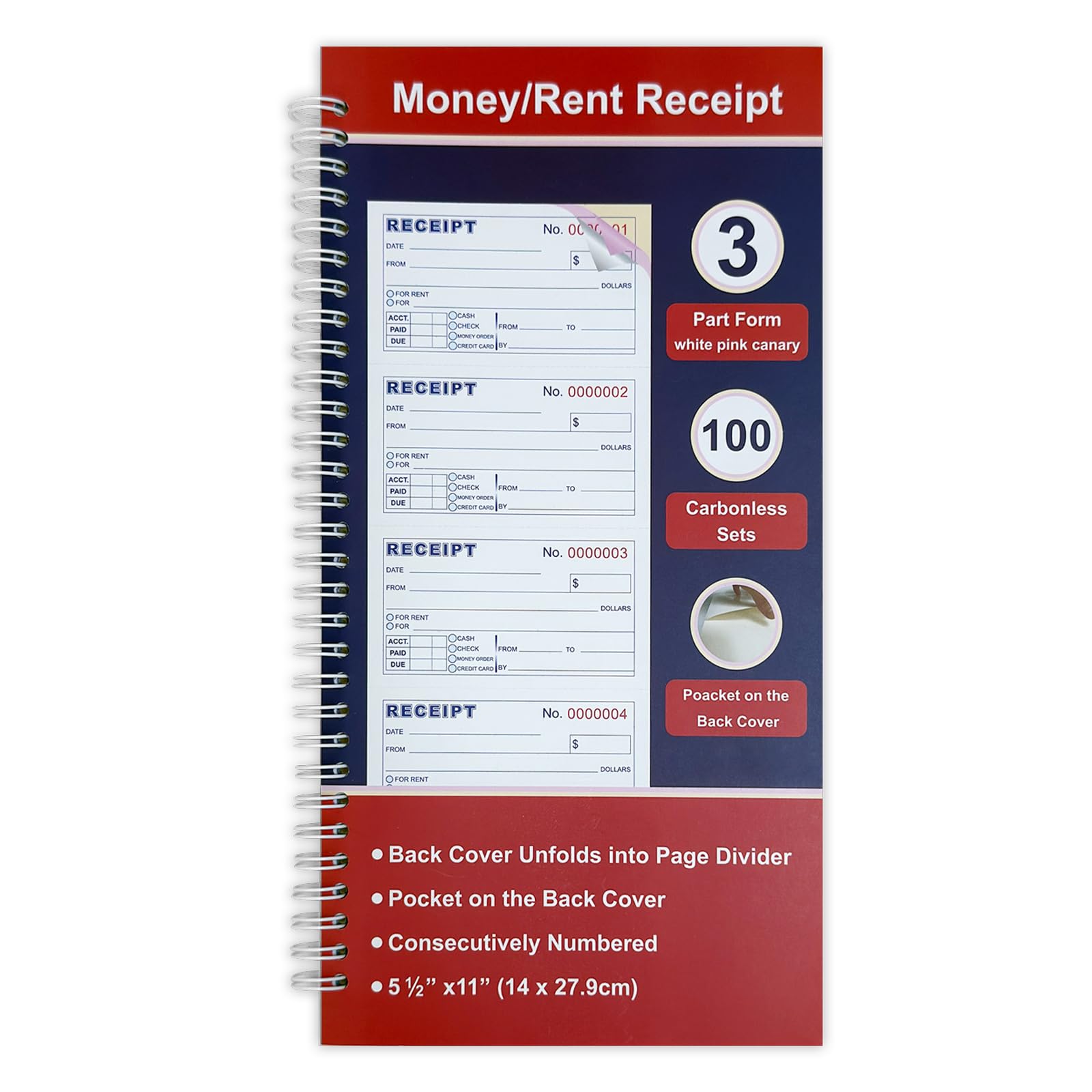 Money and Rent Receipt Book 3-Part Carbonless 5-1/2" x 11" Spiral Bound 100 Sets per Book 4 Receipts per Page, Receipt Book with Carbon Copies(1-Pack)