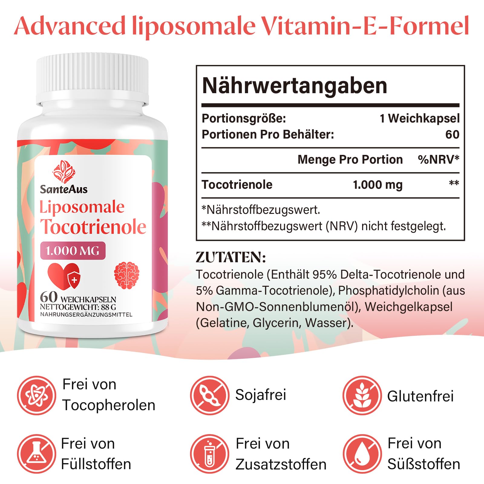 Liposomale Tocotrienole 1000 mg – Vitamin E Kapseln hochdosiert ohne Soja – Tocotrienol Vitamin E Komplex, tocopherolfrei – Antioxidativer Zellschutz – 60 Softgels