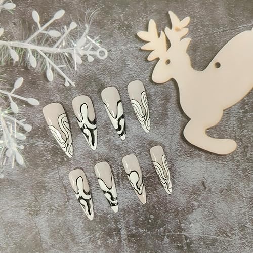 Miniatura 4 de 24 piezas de uñas postizas almendradas a presión de longitud media, puntas de uñas estilo stiletto, uñas postizas reutilizables con diseño de rayas