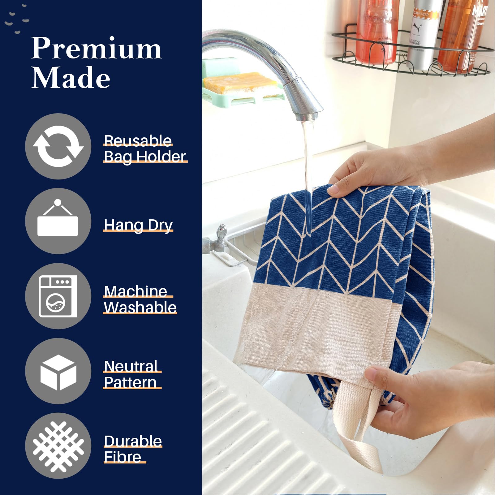 Soporte para bolsas de plástico, dispensador de bolsas de comestibles de lona, organizador de almacenamiento de bolsas de basura para el hogar y la cocina (azul clásico)