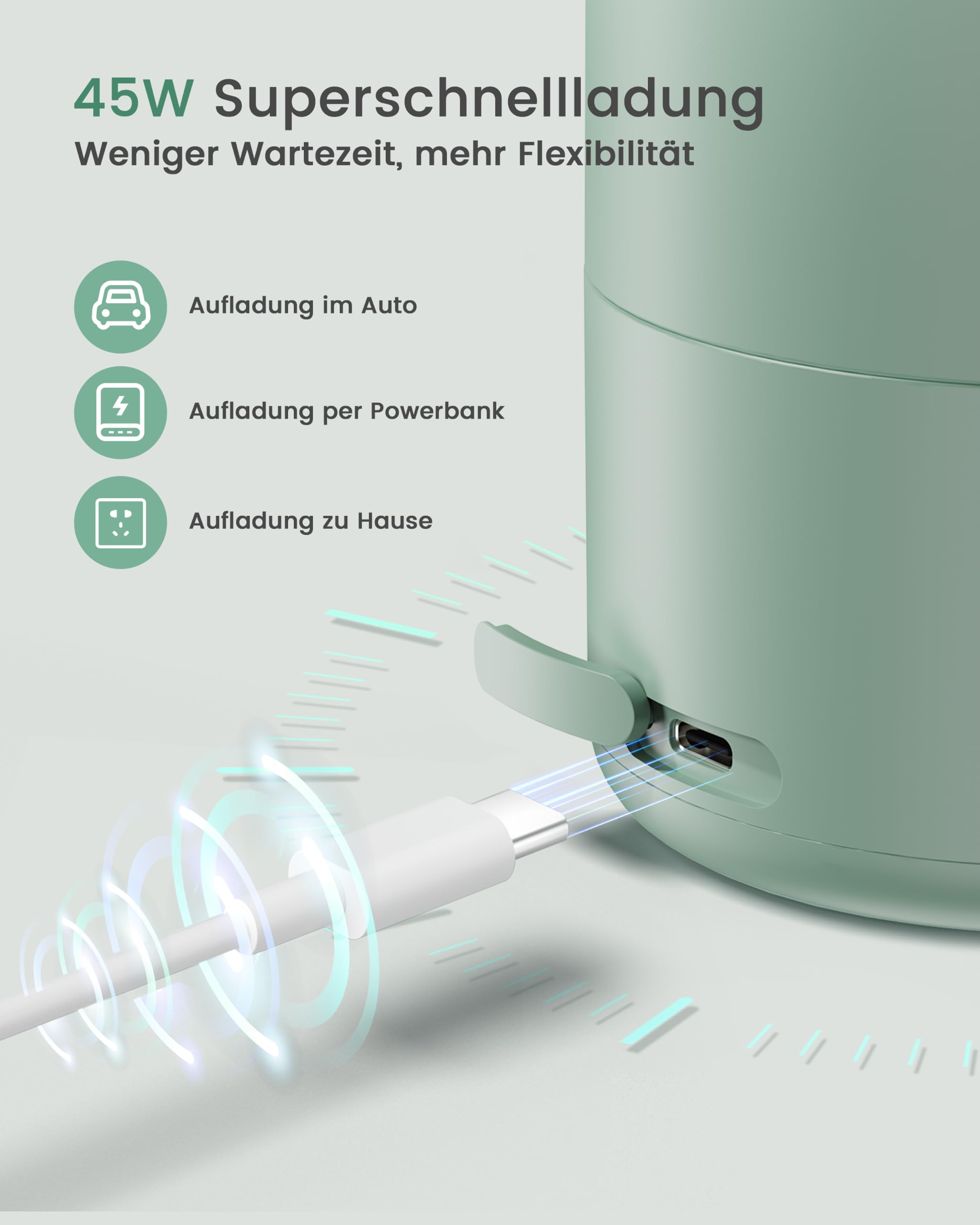 Tragbarer Flaschenwärmer Baby, 100W Schnellaufheizung | Kabellos, für unterwegs & Reisen, 500 ml Kapazität, 30x Nutzung/Akku, USB-C, BPA-frei, hellgrün