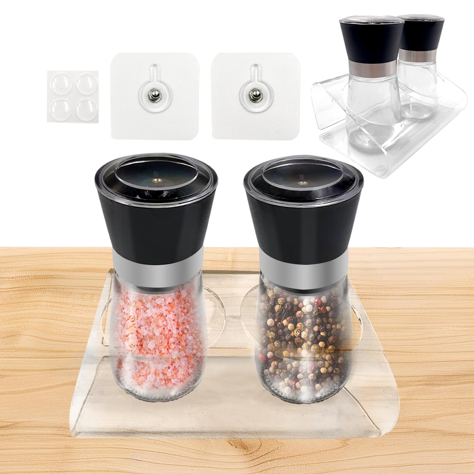 Daily Treasures 2-Pack Salt & Pepper Grinder Set With Clear Acrylic Holder – Adjustable, Refillable, Wall-Mountable Kitchen Must-Have