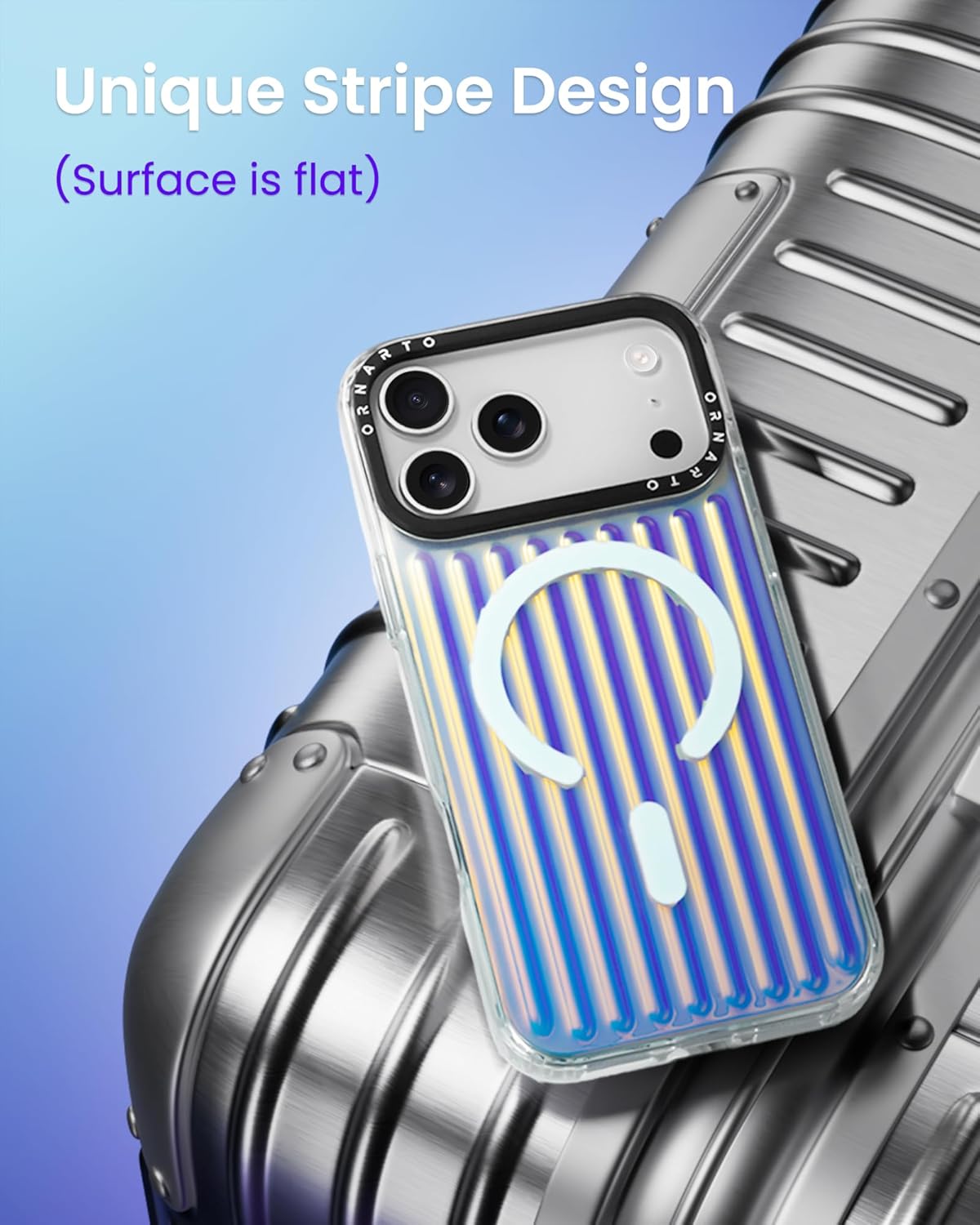 ORNARTO for iPhone 17 Pro Max Case 6.9", Flat Surface Gradient Stripe Back Design, Compatible with MagSafe, Shockproof Slim Protective Phone Cover - Laser Blue - Image 2