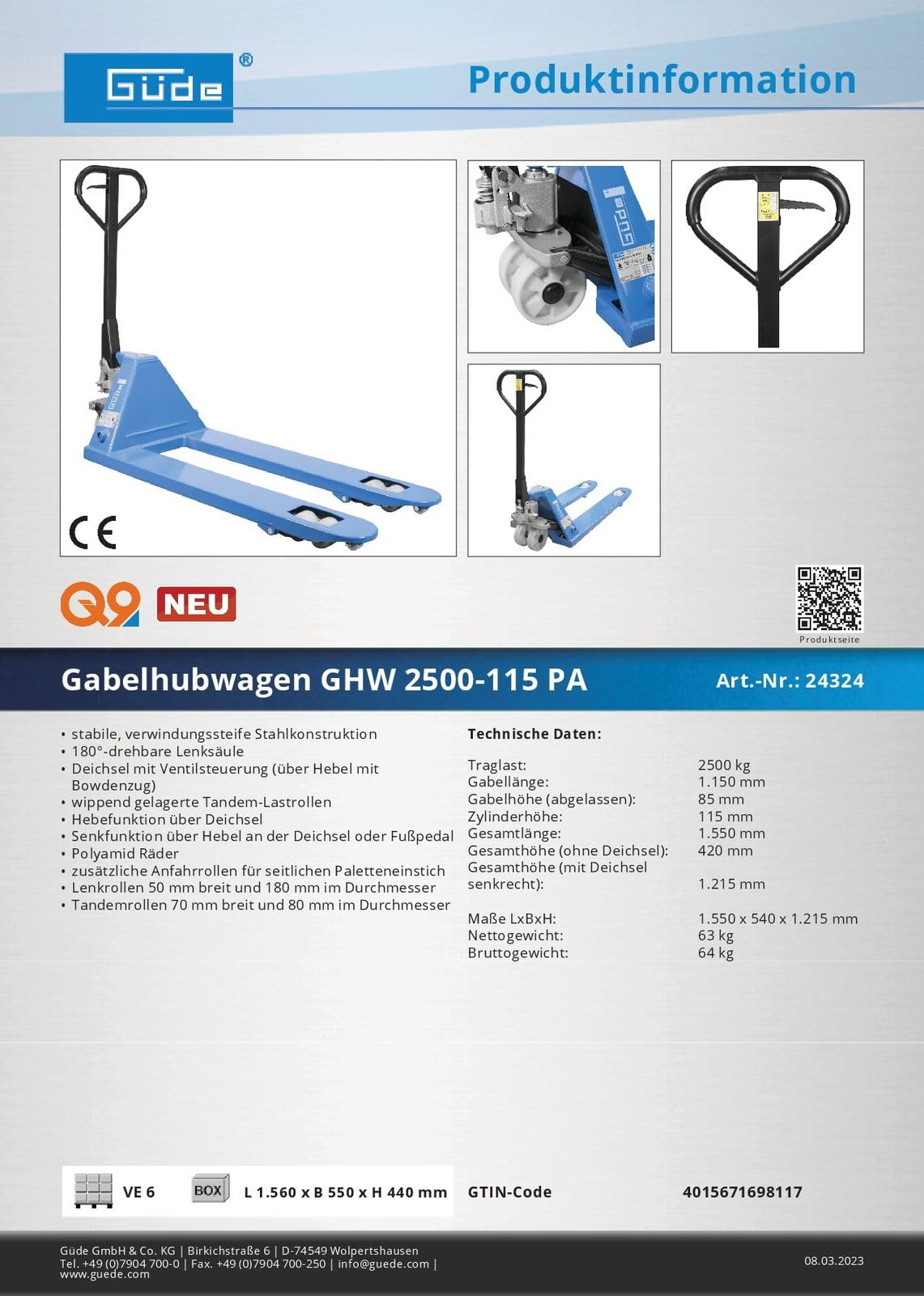 Güde Carro elevador, transpaletas horquillas, transpaletas, GHW 2500-115 PA, capacidad de carga máxima: 2500 kg