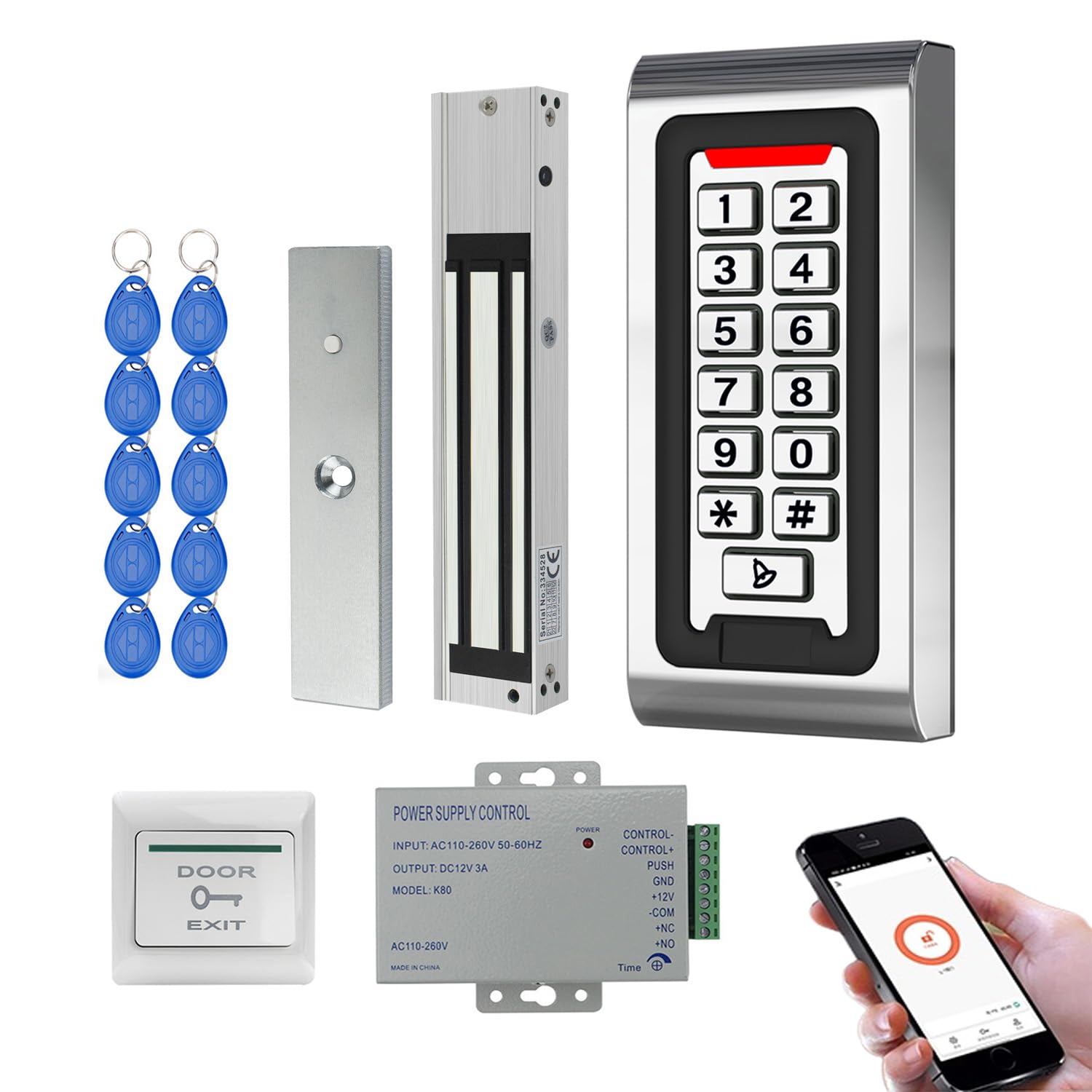 TUYA WLAN Zutrittskontrollsystem Set mit Codeschloss & RFID – IP68 Metall-Tastatur, 125kHz, App-Steuerung, DC12V/3A Netzteil, 280KG Magnetschloss NC, Exit-Taste, 10 RFID Tag für Haus, Büro, Garage