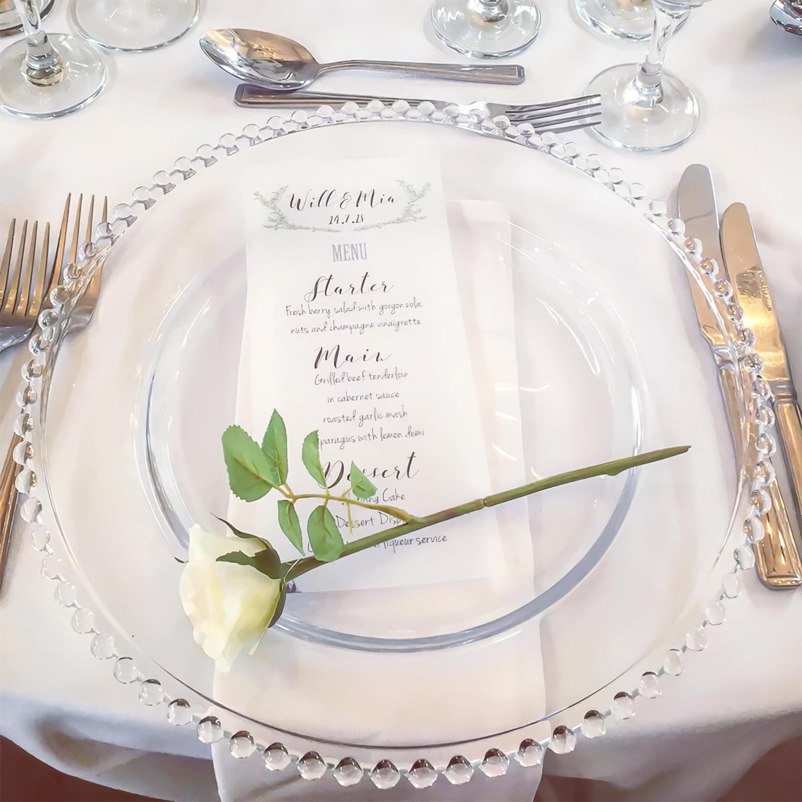 Paquete de 12 platos de carga redondos de acrílico transparente con borde de cuentas, plato decorativo de plástico de 13 pulgadas para mesa, boda, fiesta, evento