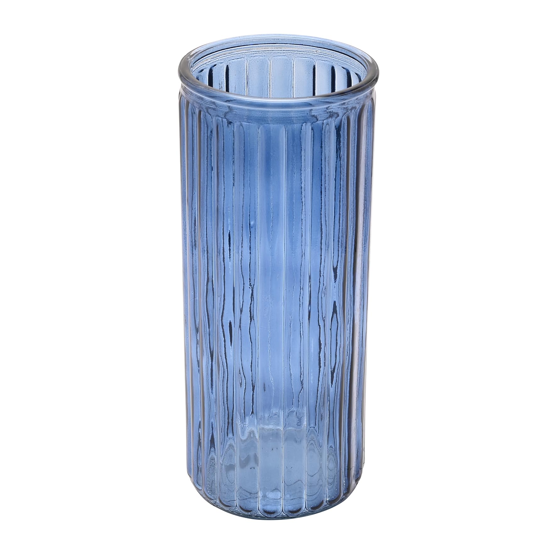 Hestia Glass Vase – Blue – Tall Cylindrical Ribbed Vase – Elegant Home Décor for Fresh or Artificial Flowers – Modern & Traditional Interiors - H: 24cm x W: 10cm.