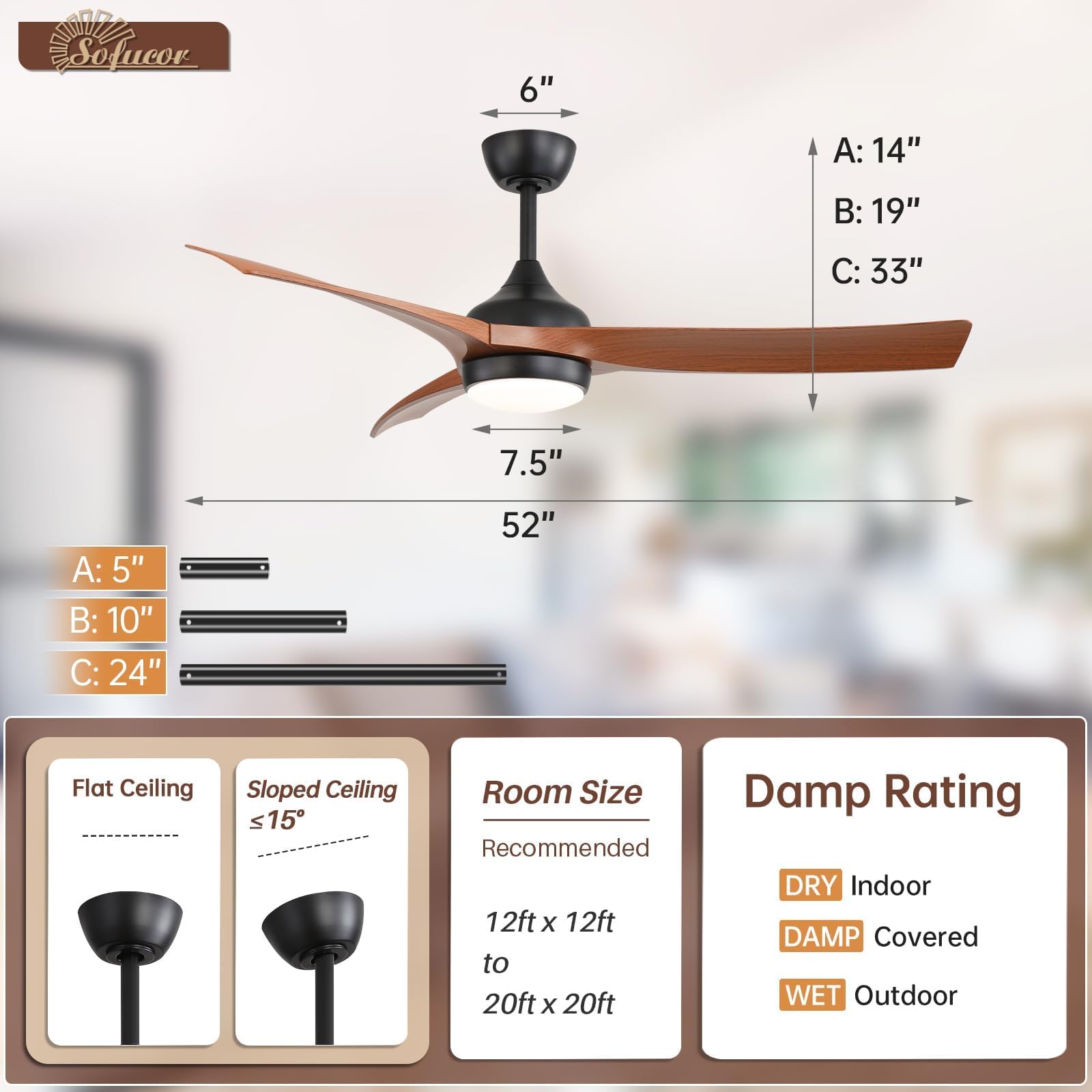 Sofucor 52 Inch Smart Ceiling Fan, Work with App/Alexa/Google, Outdoor Ceiling Fan with Lights Remote Control, Dimmable Airflow 6000CFM ABS 3 Blades Reversible DC Motor for Living Room Bedroom Patio
