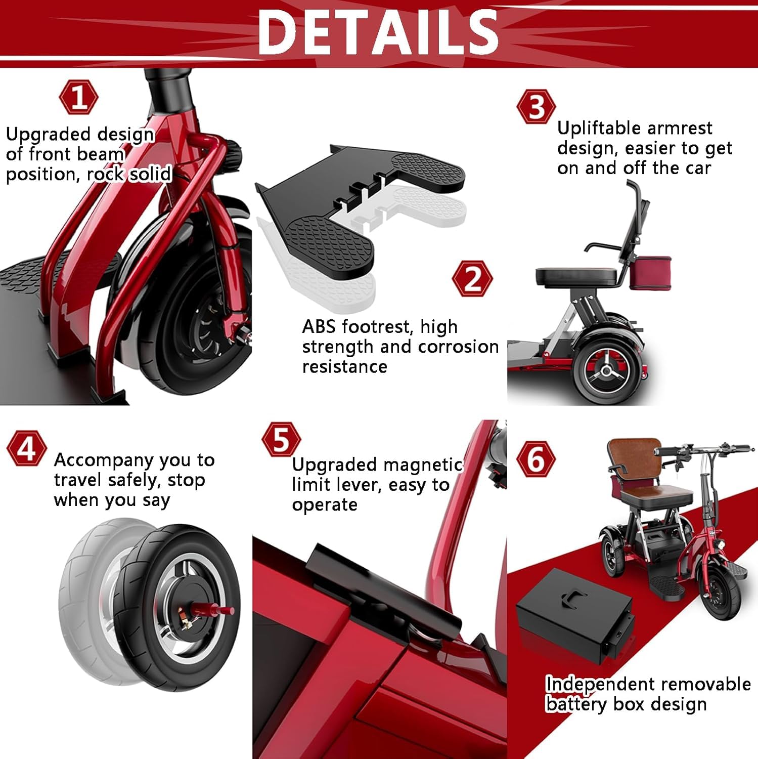 Scooter de mobilité à 3 Roues Pliable avec siège Confortable avec Phares LED et Panier Léger Pliable pour Adultes Personnes âgées handicapées
