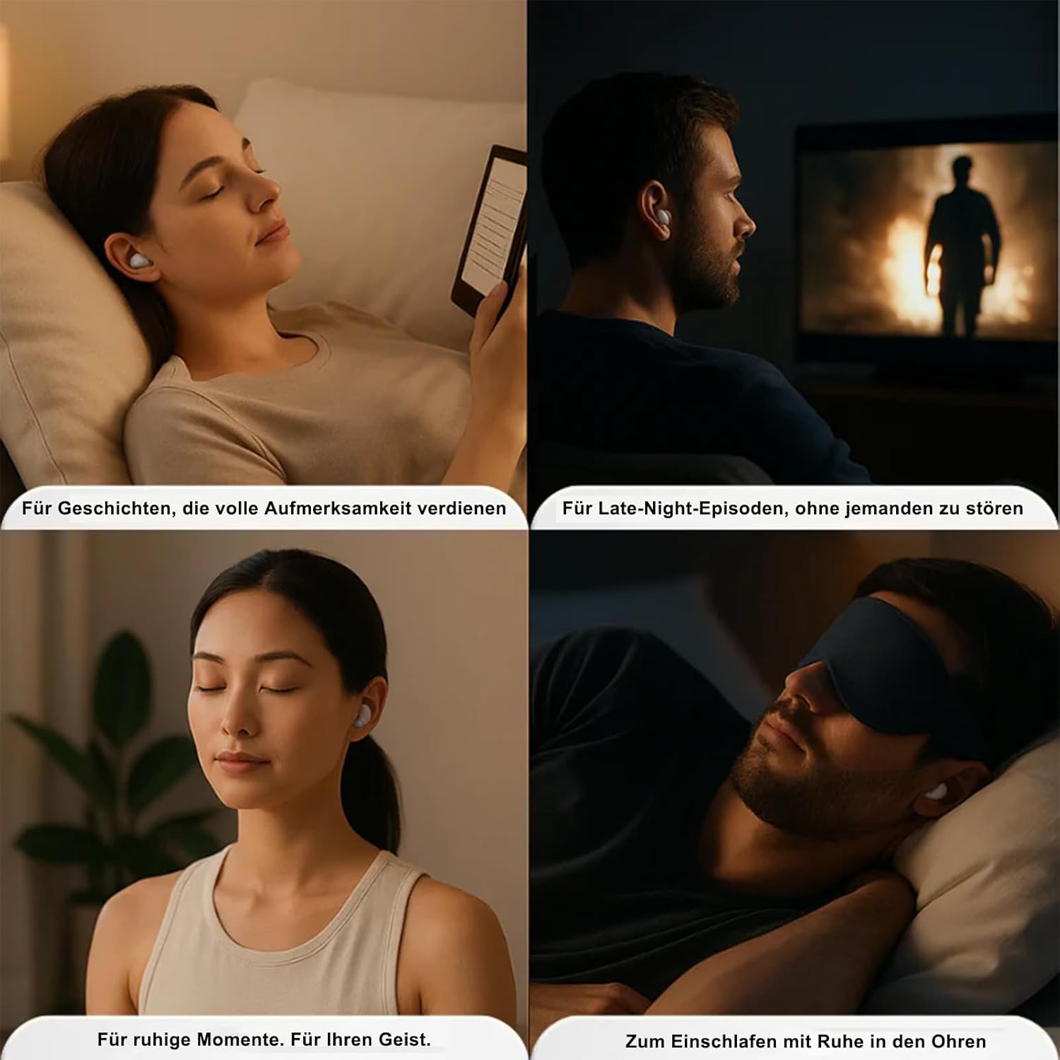 Earbud in ear, illustrating noise cancellation in a busy environment