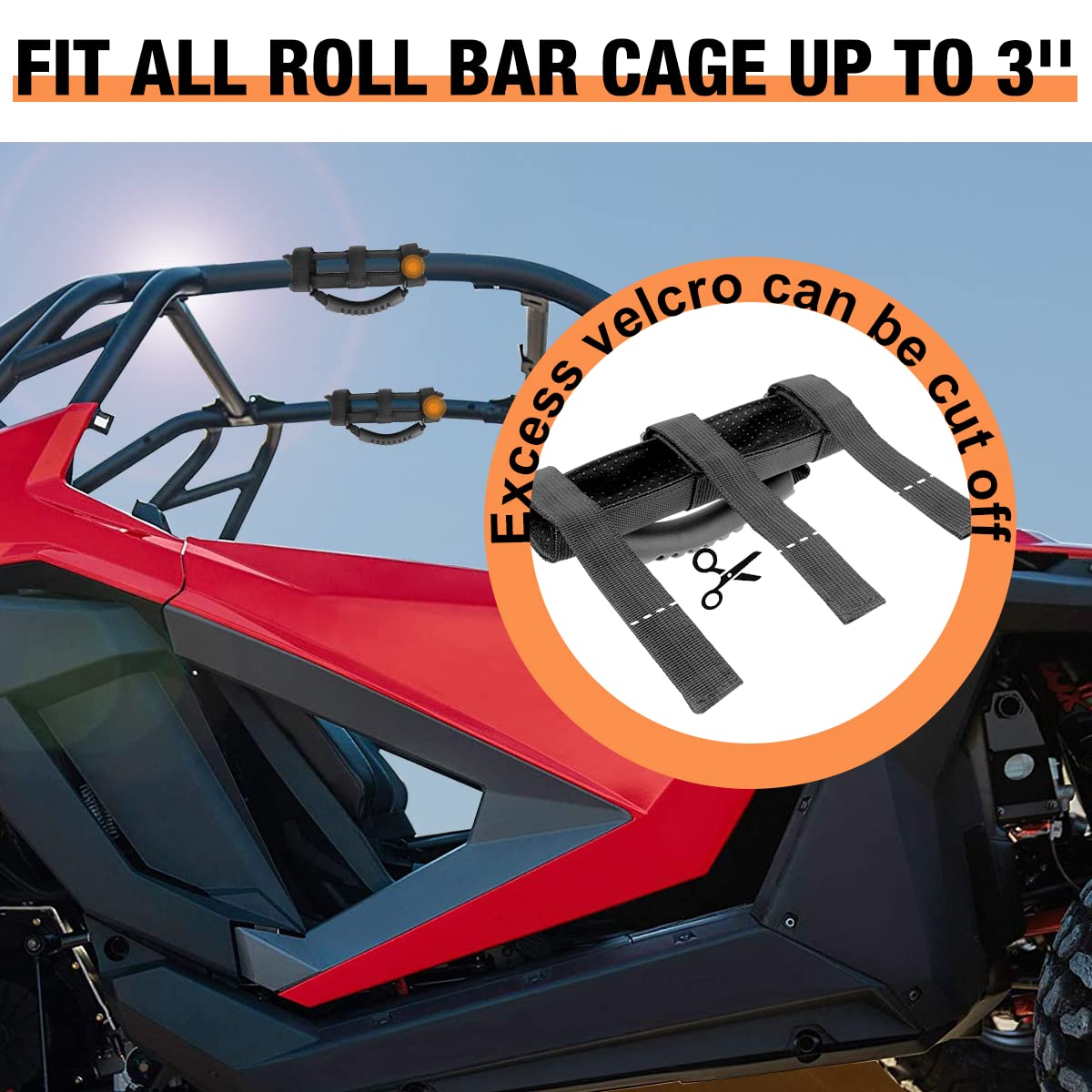 Paquete de 2 asas de agarre UTV, mango de agarre antideslizante, apto para barra de rollo de 2 a 3 pulgadas, compatible con Polaris RZR Ranger Can Am X3 Kawasaki Pioneer Talon Wildcat