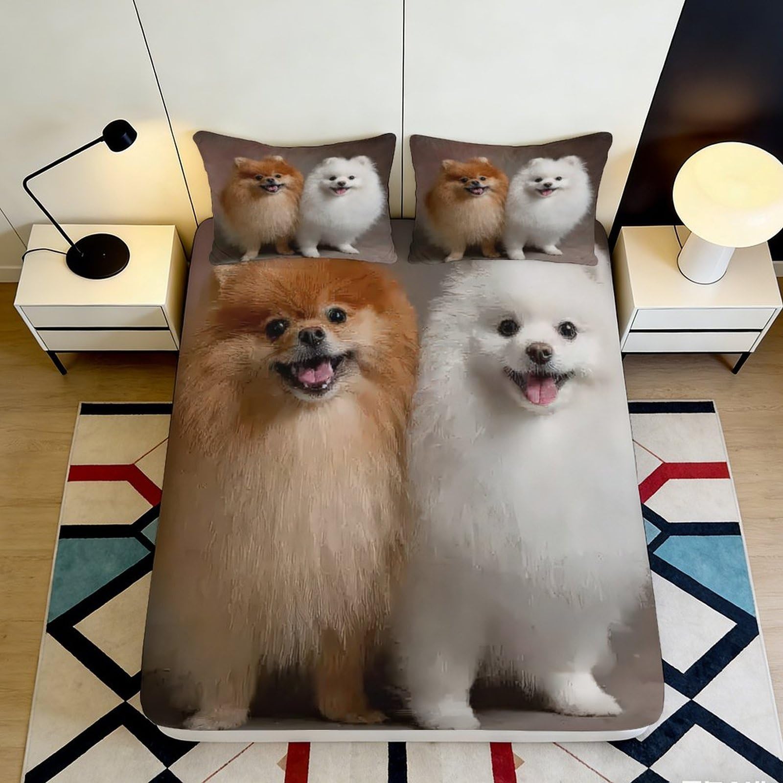 3D Printed Pomeranian Dog Fitted Sheet Microfiber Soft Brown White Puppy Mattress Cover for Bedroom Guestroom 90x200x25cm