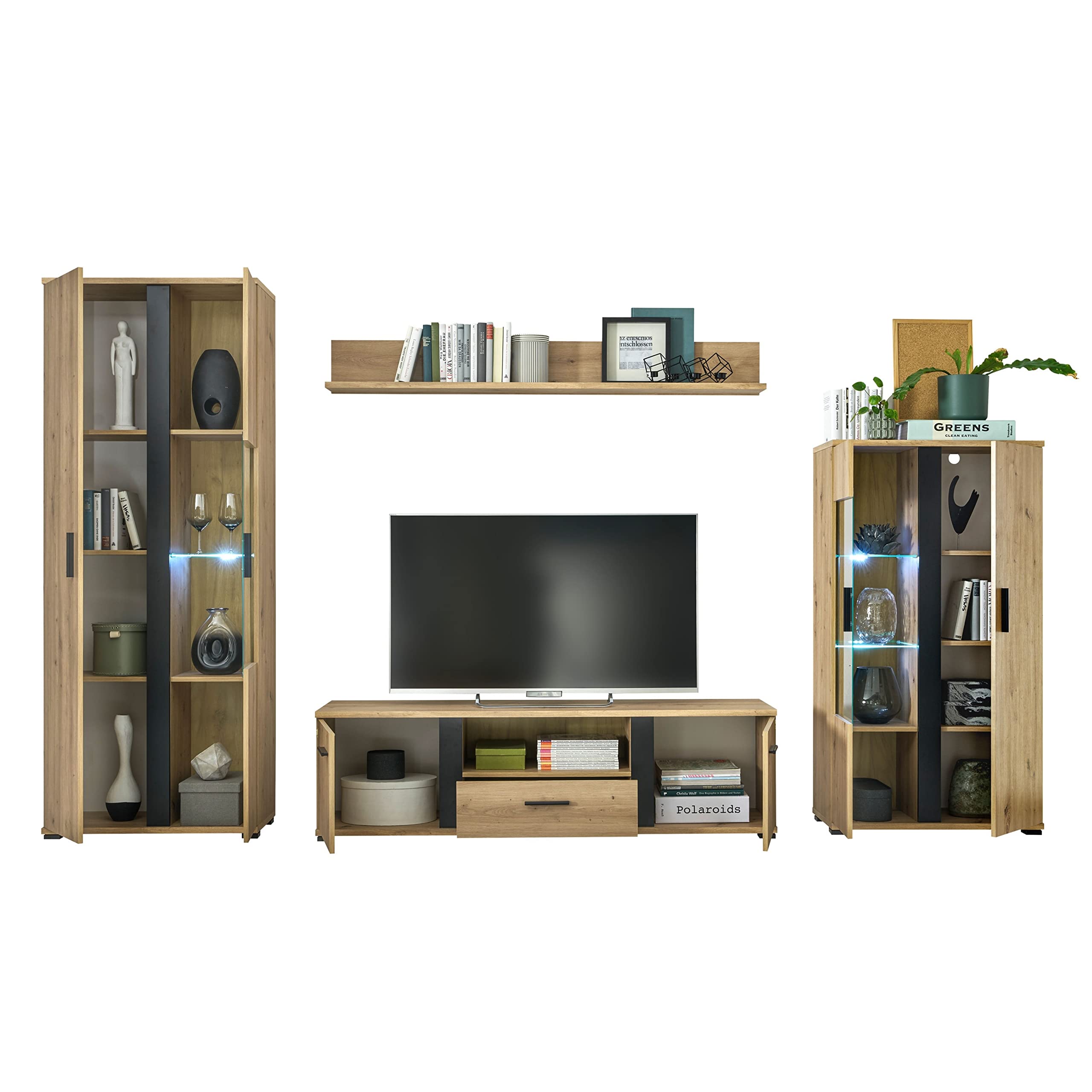 KANADA Wohnwand Komplett-Set in Artisan Eiche Optik, Schwarz - Moderne Schrankwand mit Beleuchtung für Ihr Wohnzimmer - 340 x 196 x 40 cm (B/H/T)
