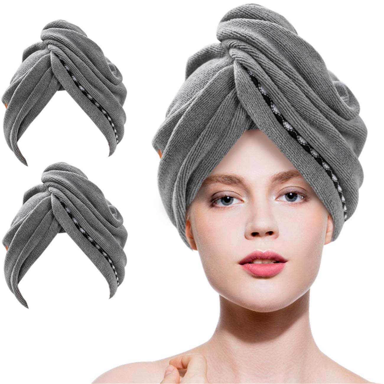 Lovife 2 Pack Microfiber Hair Towel Large Size 11inch X 27.6 inch Shower Hair Towel Wrap Turban Quick Dry Hair Hat Anti-frizz Fasten Head Turban with 2 Button Long Curly Hair (Grey and Grey)