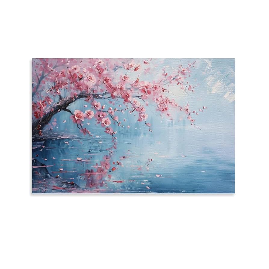 Amazon.co.jp: 絵画 川岸に咲く桜 アートパネル ポスター 魅力的