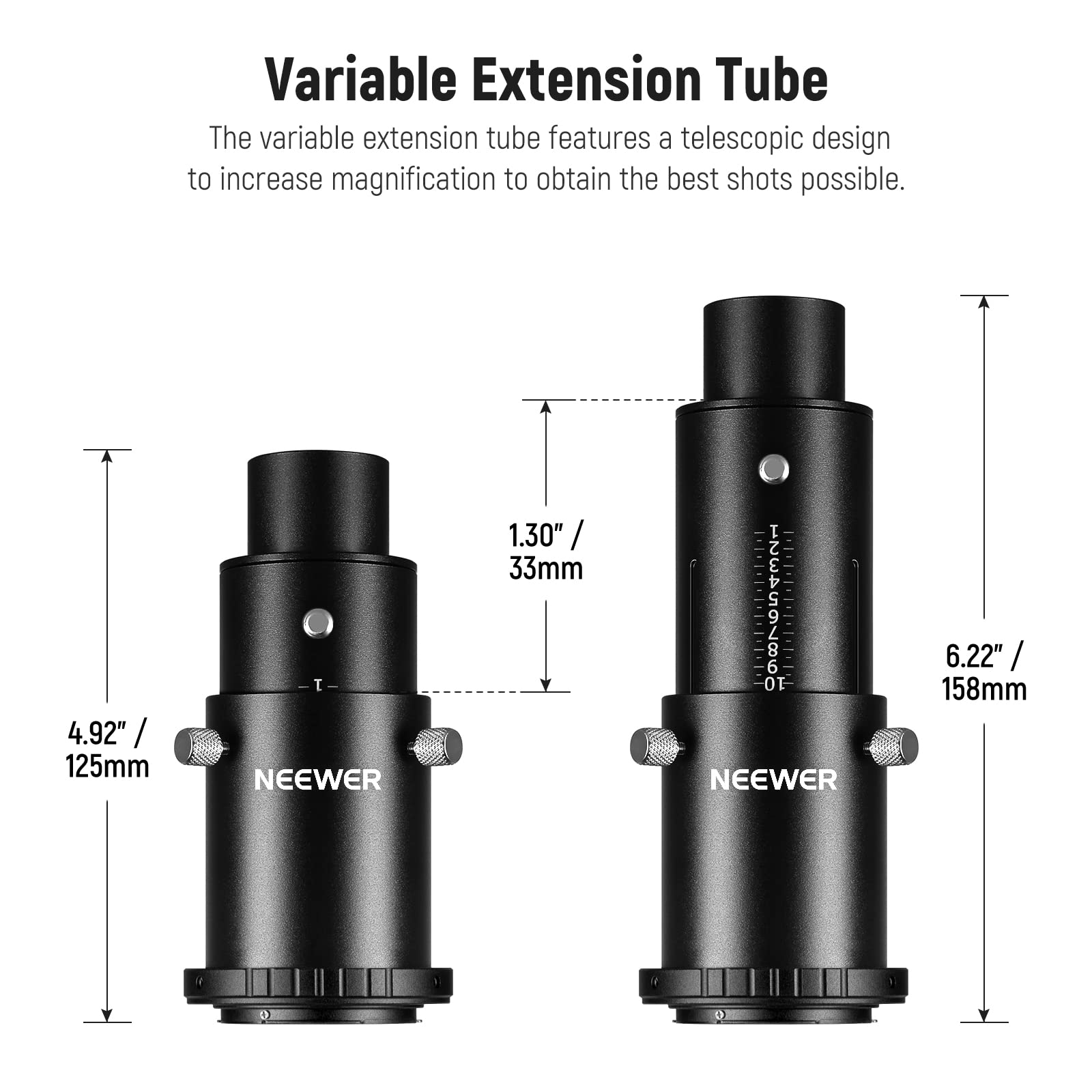 NEEWER Adattatore per Fotocamera per Telescopio Variabile da 1,25" e Kit Tubo di Estensione da 1,25", Compatibile con Nikon e Telescopio Oculare per l'Astrofotografia di Messa a Fuoco