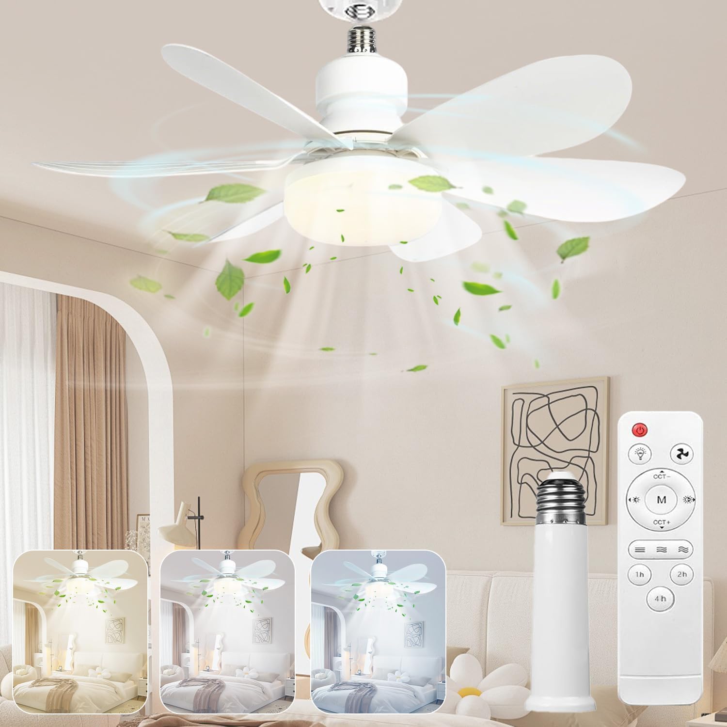 Socket Fan Light with Remote - 20.5'' Ceiling Fan Lights, 2000 Lumens, 3 Colors 3000K-6500K, Easy-to-Install E26 Base Screw for Bedroom, Living Room, Kitchen and Garage Lighting