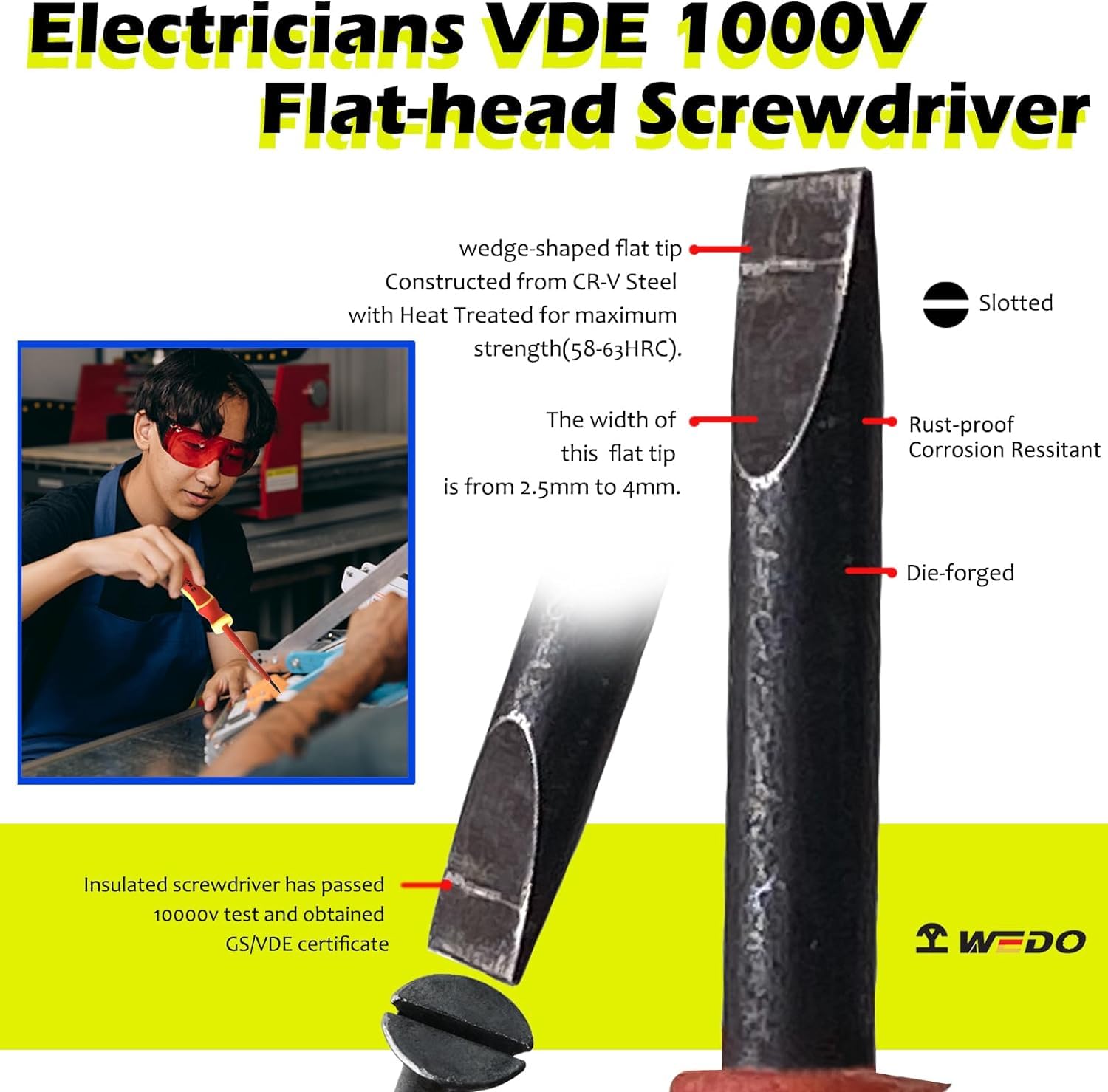 WEDO VDE - Juego de herramientas aisladas de 1000 V, 11 unidades, para electricistas con alicates, destornillador, comprobador de tensión, cinta adhesiva, IEC 60900